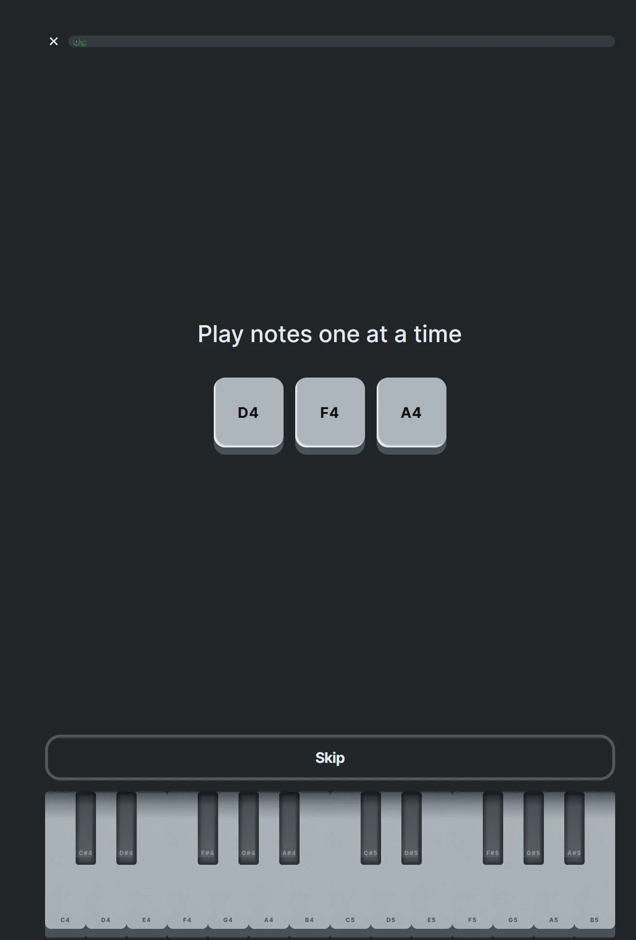 A preview of the piano learning app in “play” mode with a chord visible and a piano underneath.