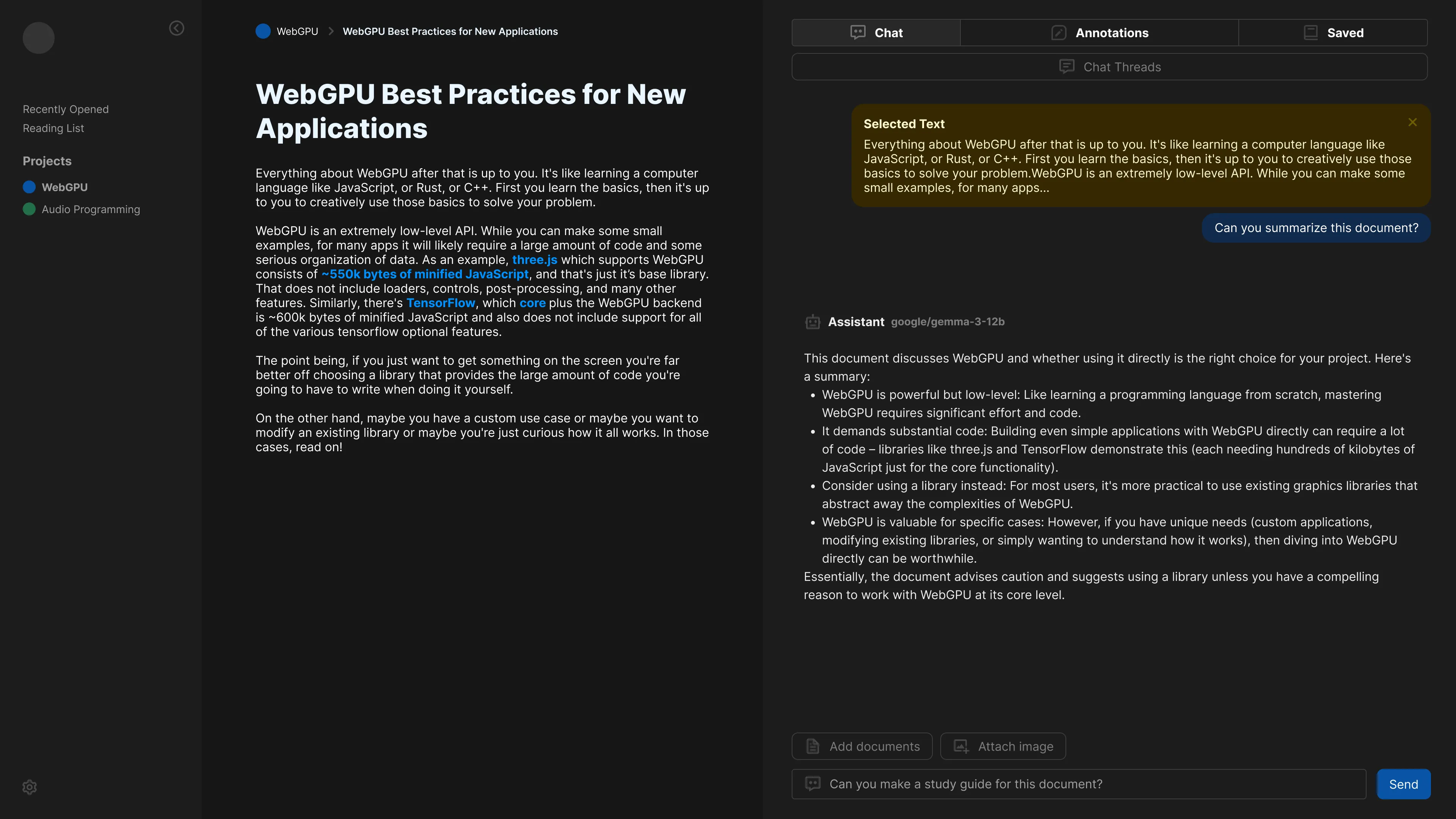 An example of the document page of the app, along with a chat screen on the side with a conversation with an agent featuring selected context from the document.