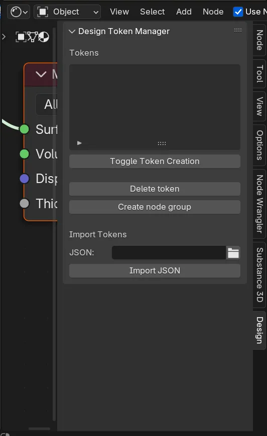 The Design Token Manager panel open in the n-panel under the Design tab.