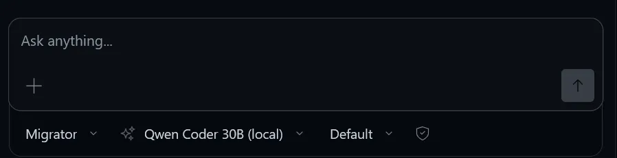 The OpenCode text box with the agent set to Migrator.