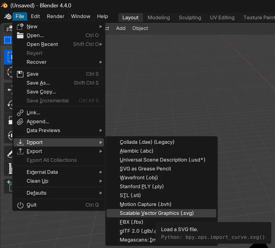 The SVG import option highlighted in the File menu dropdown