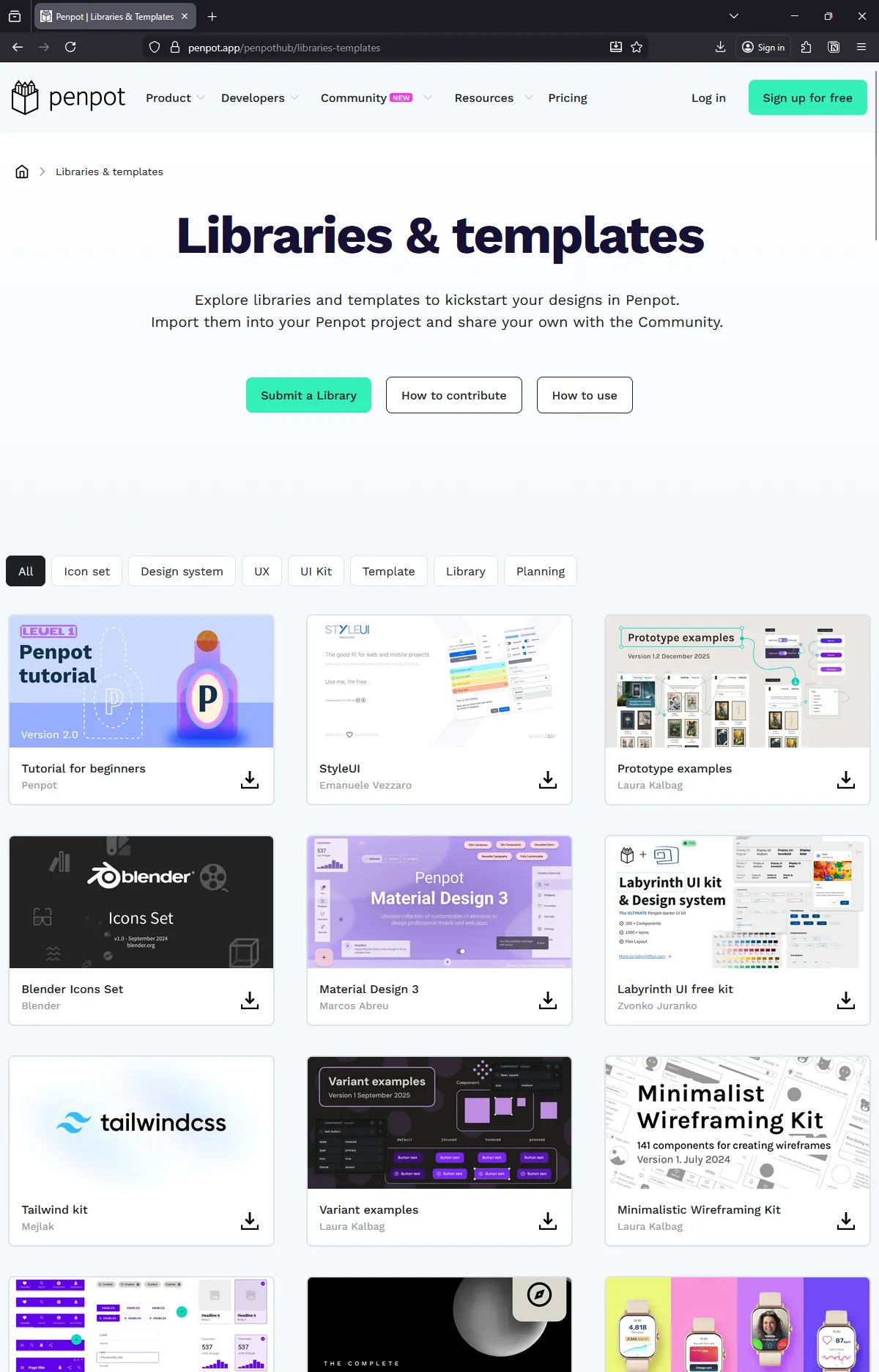 The Penpot dashboard with a grid of recent designs as cards