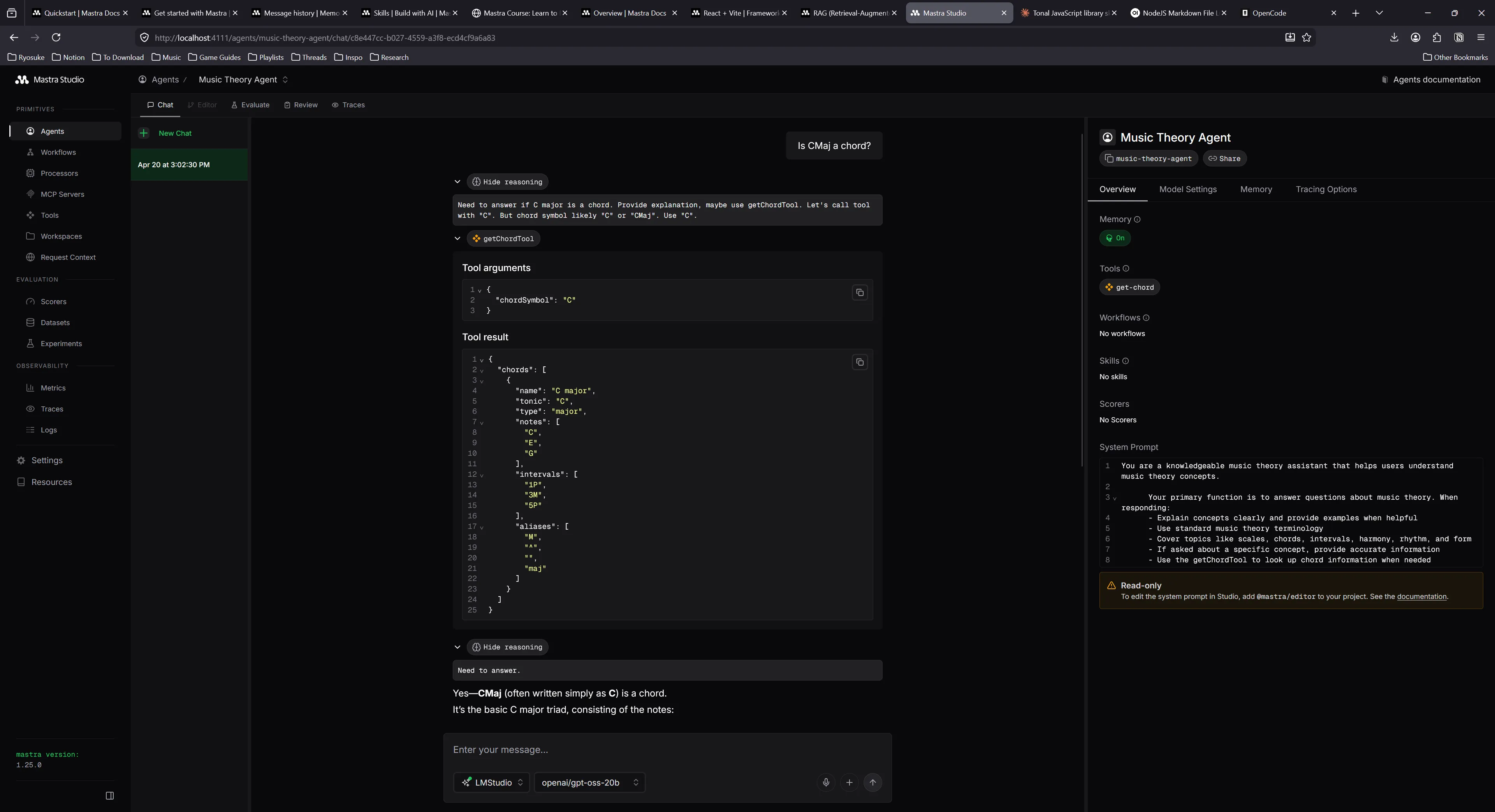 Mastra Studio dashboard on the music theory agent chat page with the user asking for a chord and the assistant using a tool - represented using an accordion with a code snippet of the results - along with the answer