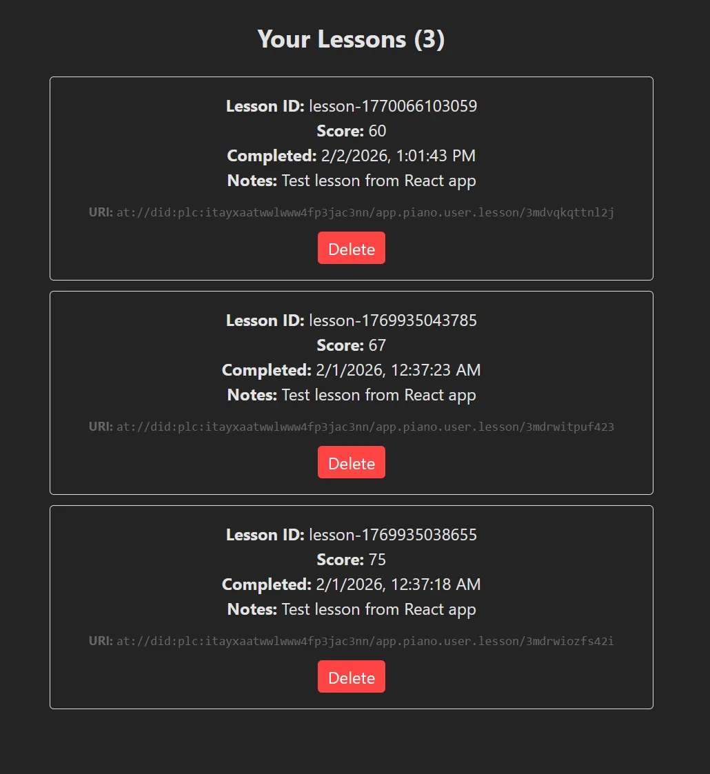 A vertical list of cards with lesson history metadata