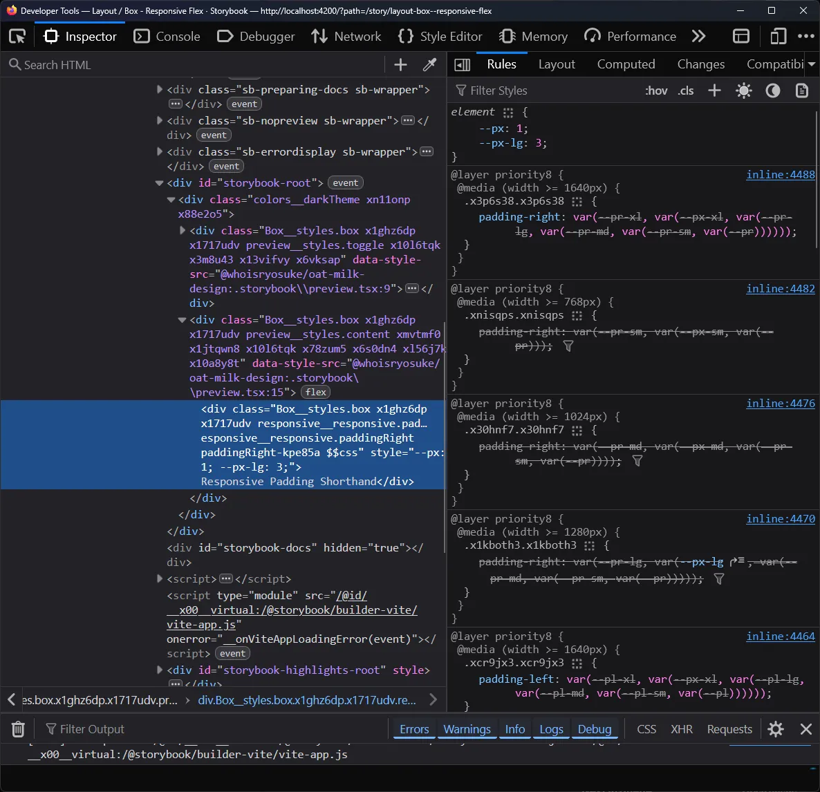 Firefox DevTools on the Inspector tab with a Box component div selected. In the CSS sidebar, CSS variables are applied to the element for the px and px-lg breakpoint. But below, the breakpoint style that targets the padding-right property shows a variable cascade where no variable is selected - leading to a null value.