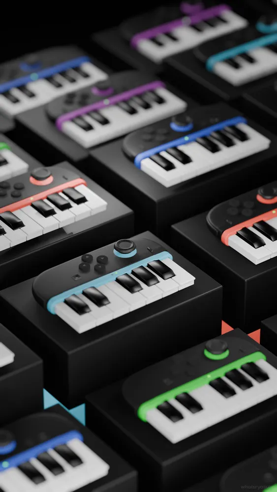 3D model of Nintendo Switch 2 Joycon Pianos in various colors stacked on platforms in a grid at varying heights