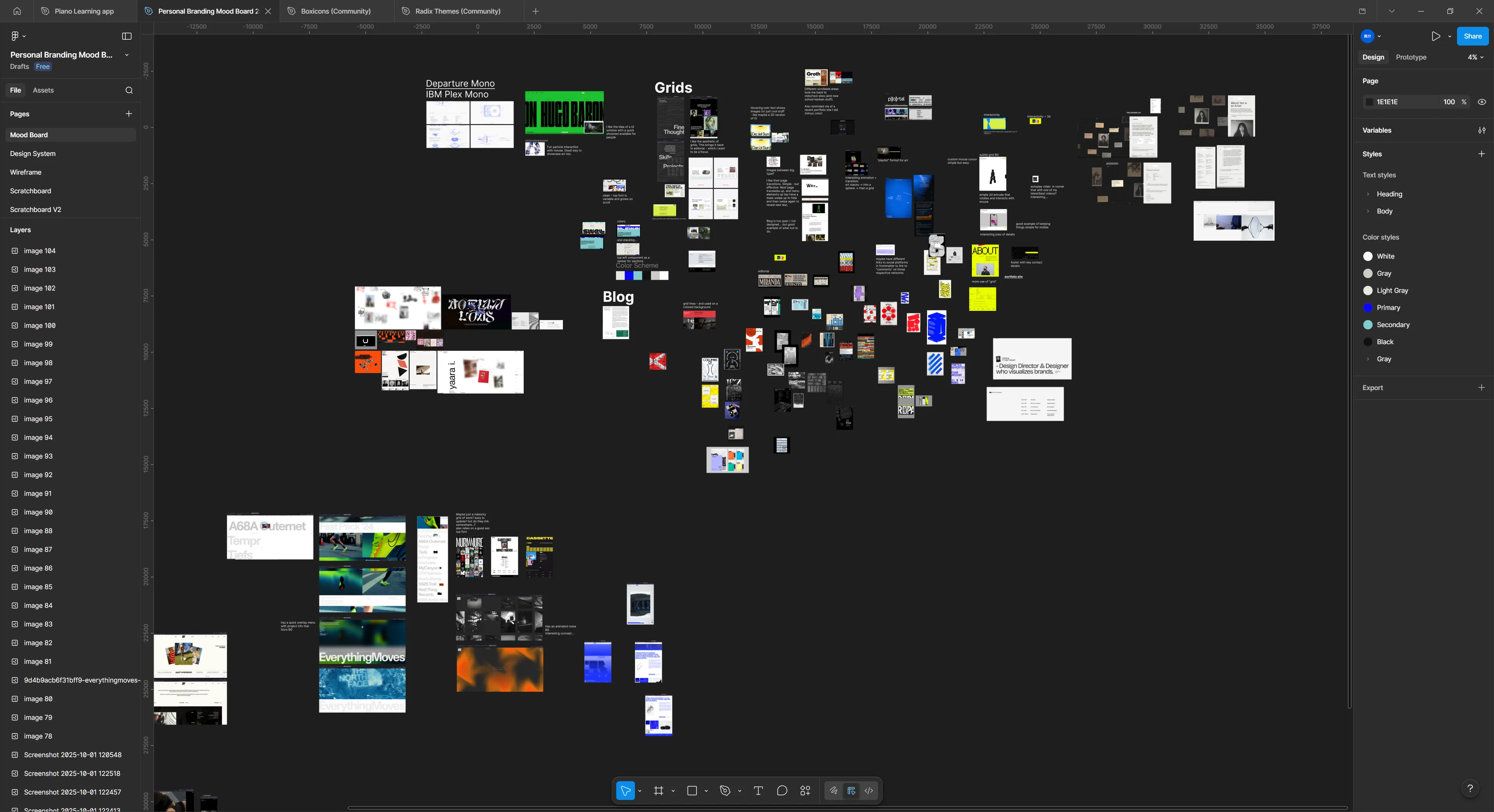 Figma open to a mood board with several images of websites scattered in the canvas.