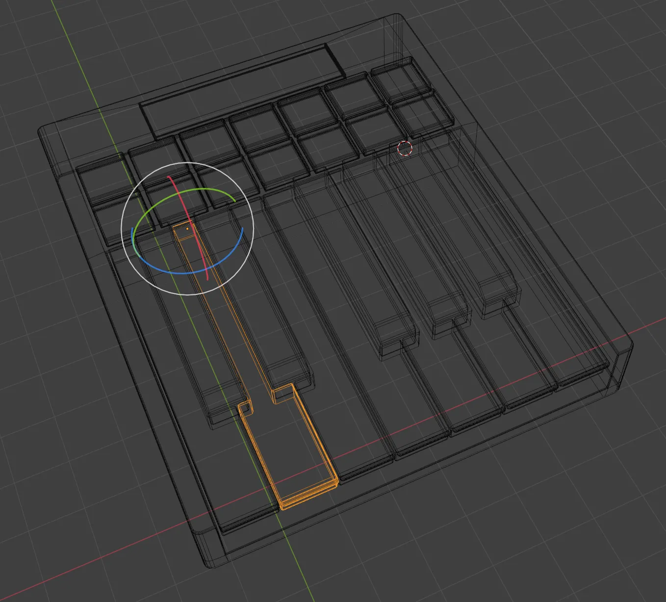 The 3D viewport in Blender with a wireframe preview of the mesh and one piano key selected with the origin visible at the top of the key.