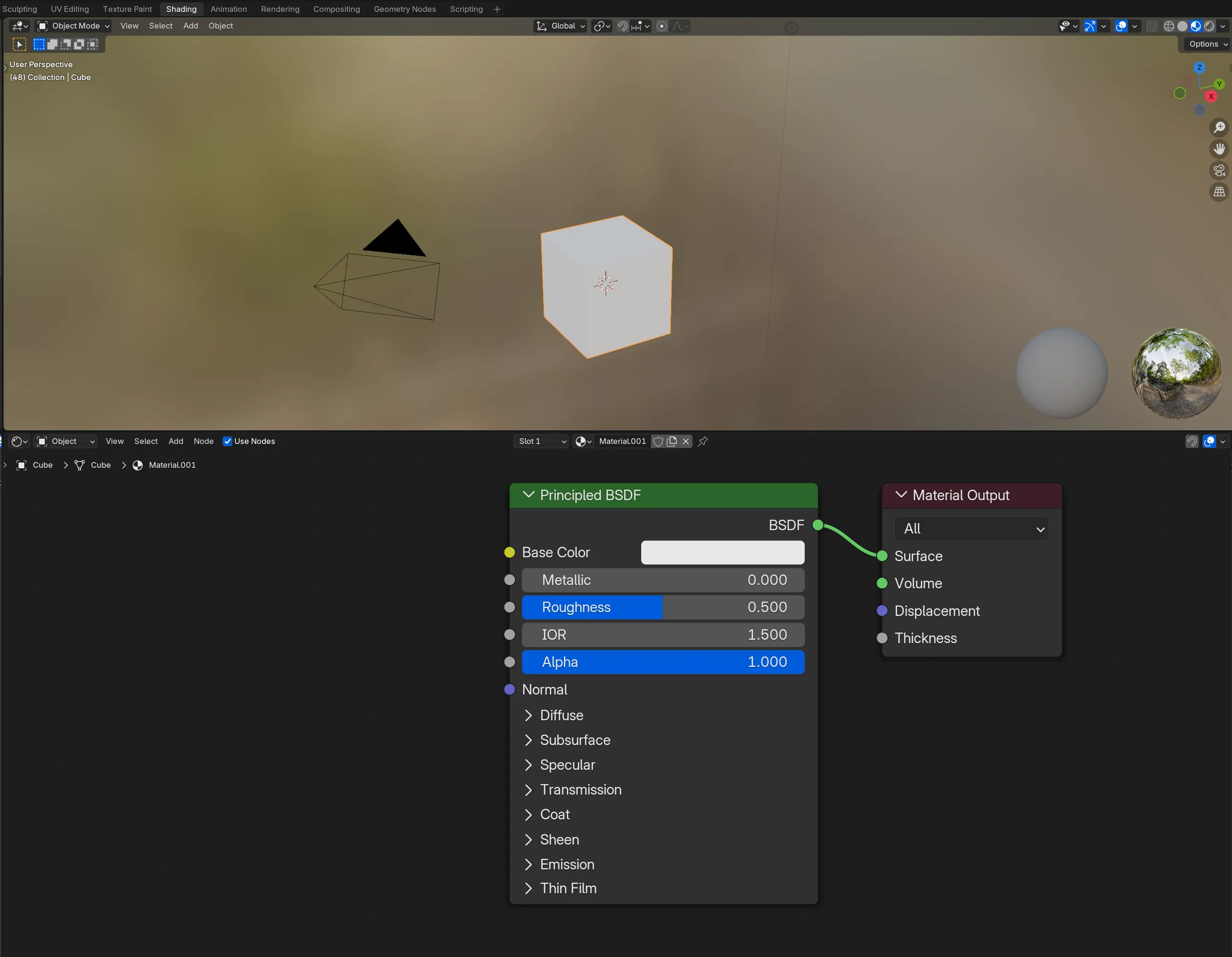 Blender with the Shading tab selected. A 3D viewport is on top, with a shader node graph on bottom with a Principled BSDF node connected to the Surface output.