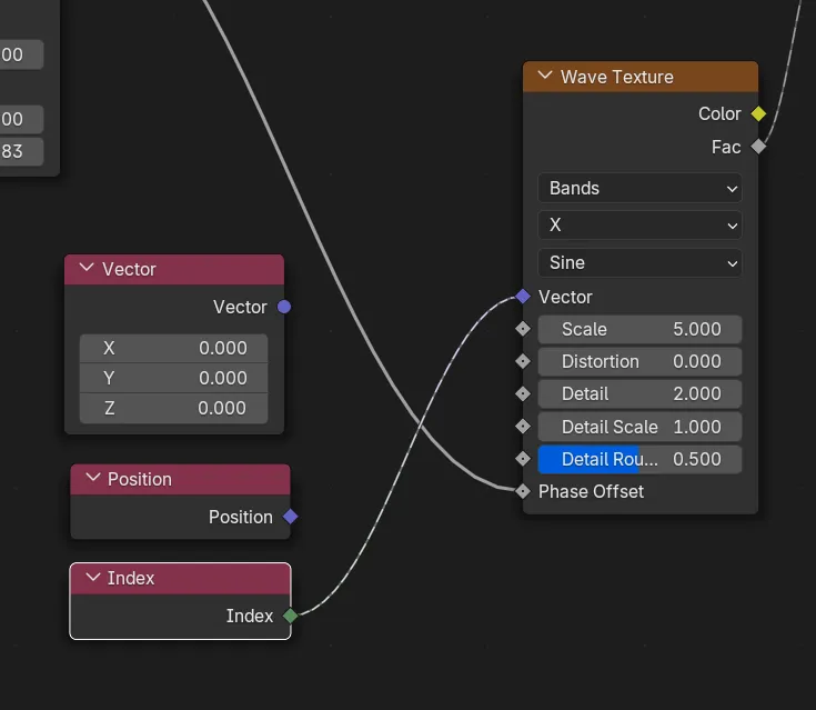 The Index node connected to the Wave Texture’s Vector input.