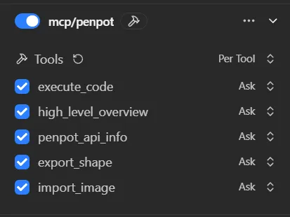 The Penpot MCP in LM Studio with a list of available tools with checkmarks next to them