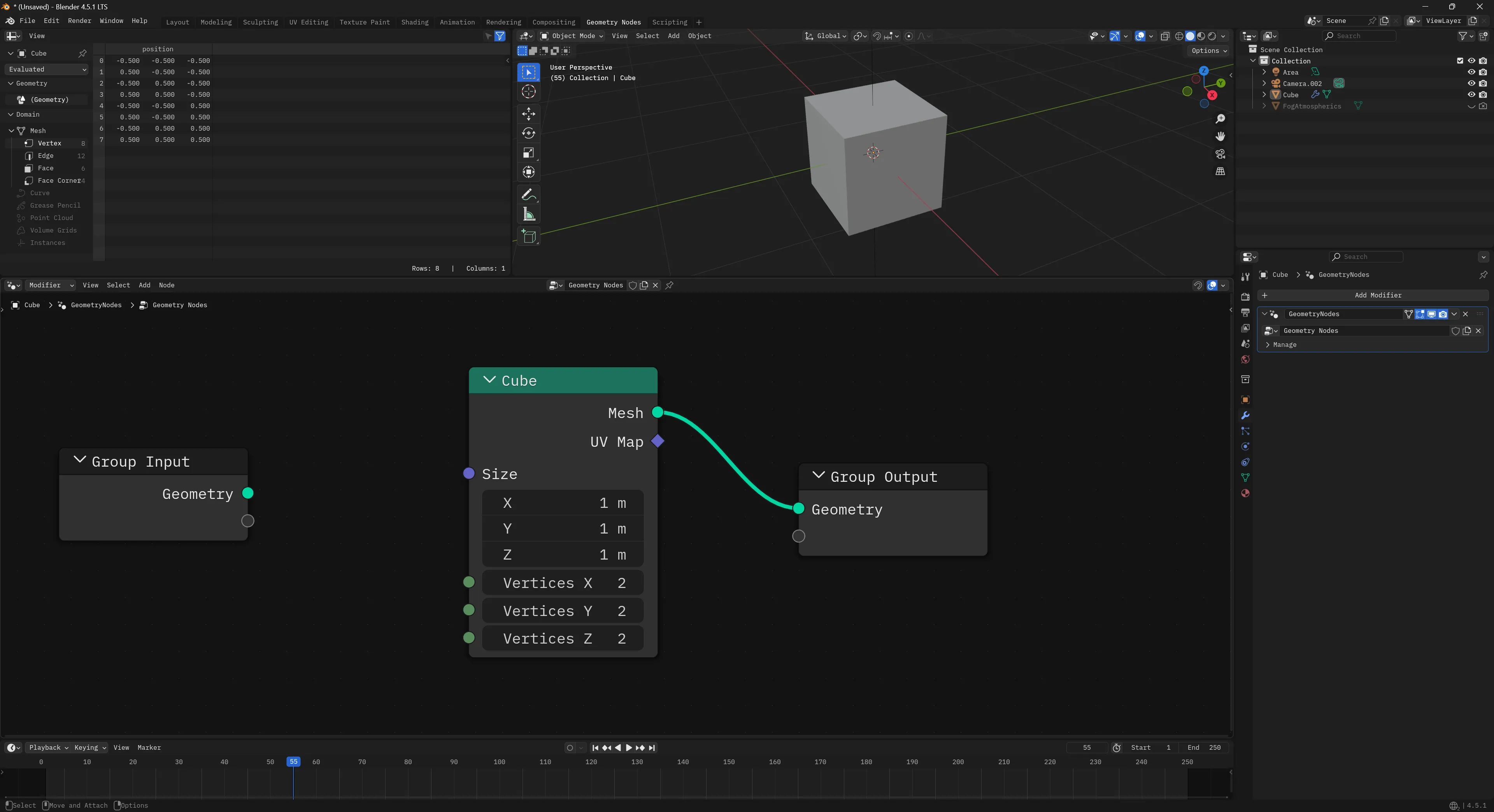 The Blender app with the Geometry Nodes tab selected. A cube is being rendered in top right preview window, with a simple node graph on bottom with a cube node connected to the Group Output node.