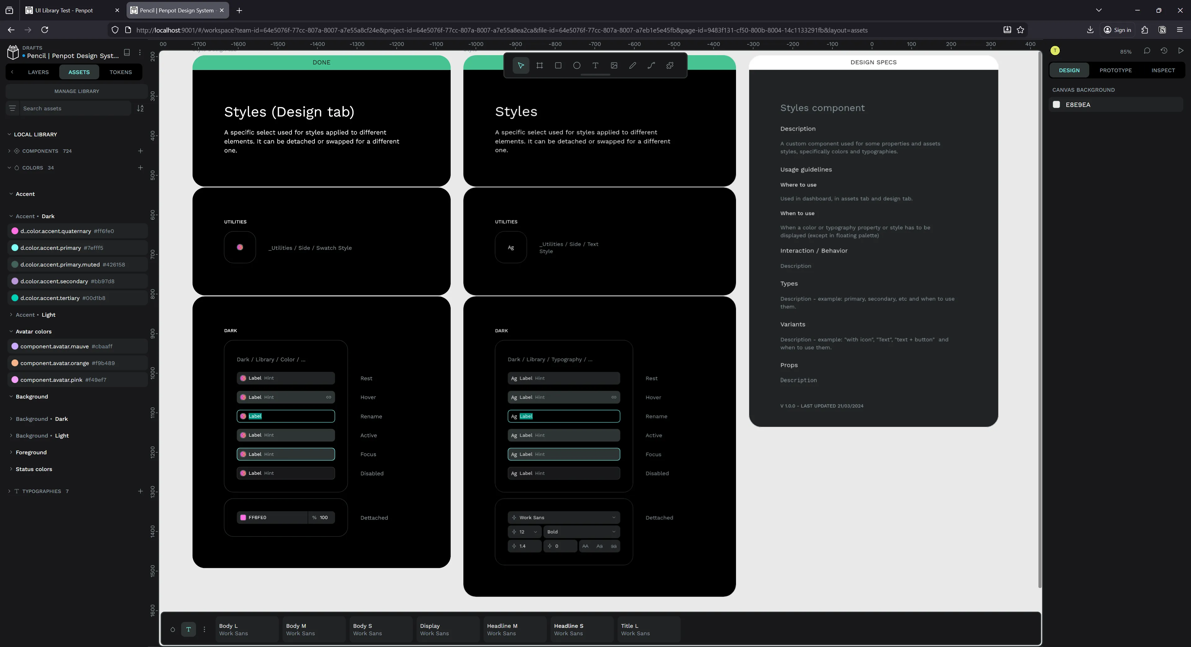 The Penpot design system in the app