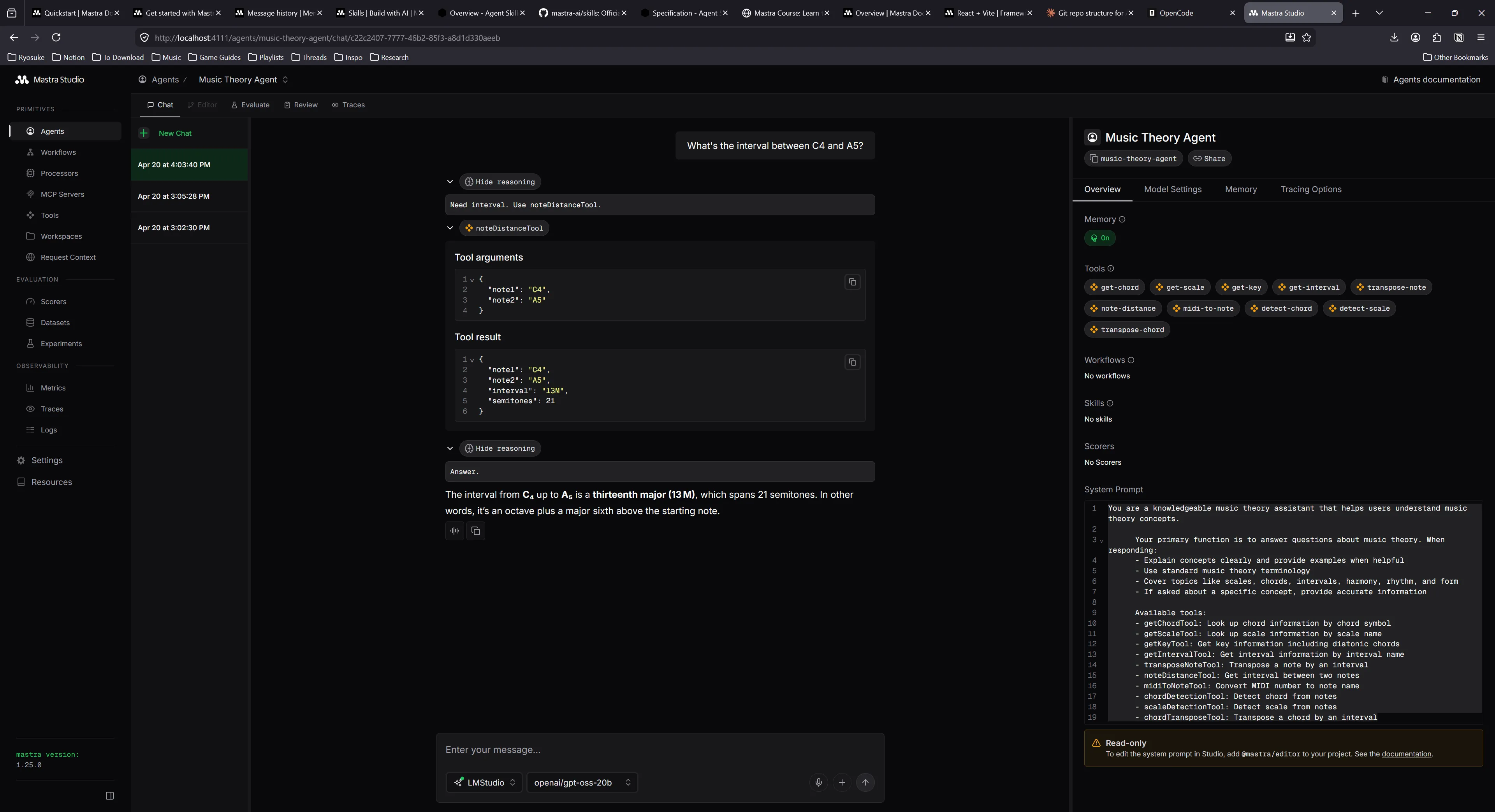 Music theory agent chat in Mastra Studio with the note to distance tool used