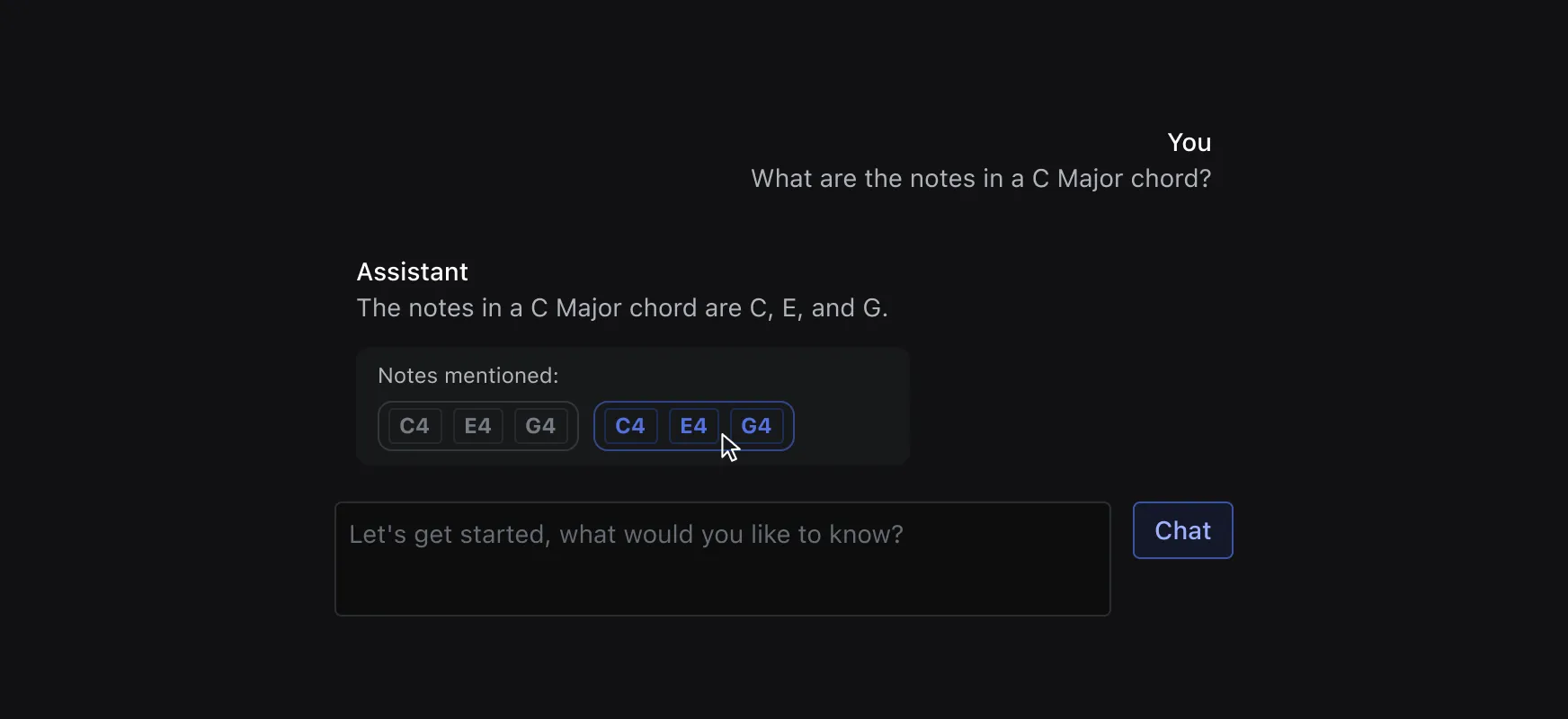 A UI prototype of the LLM chat with the user asking a question and the LLM responding with text, and a box underneath with notes it mentioned as clickable cards.