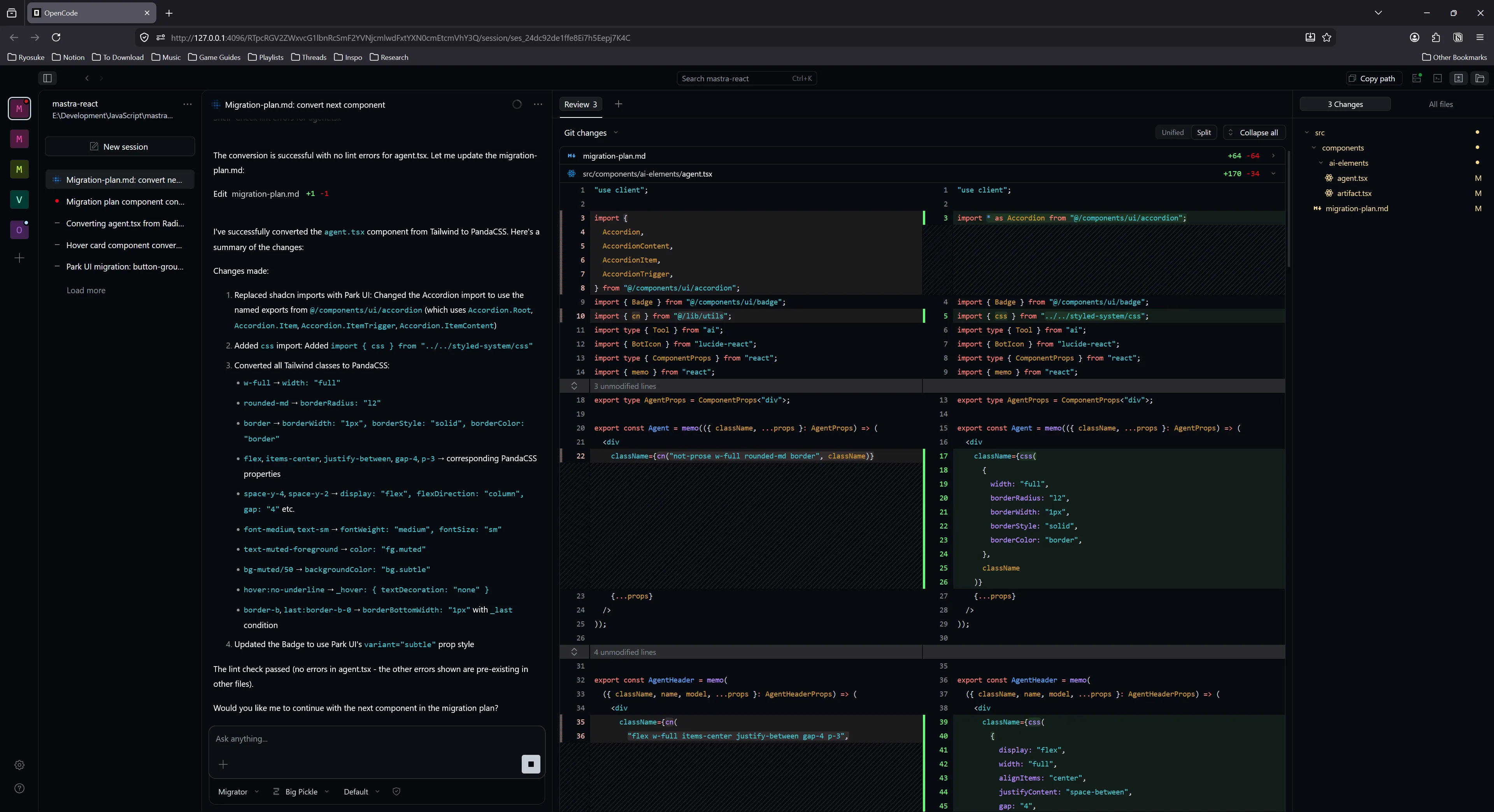 OpenCode with a message from assistant with code snippets of Tailwind code and Panda CSS style props, and to the right is a side by side diff of the agent component with the new green chunks using the css function from Panda CSS.