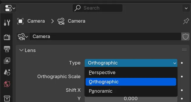 The Properties panel on the Camera tab with the Lens Type dropdown expanded and the Orthographic option selected.