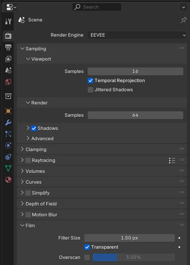The Render Properties tab with the Film section expanded on bottom and Transparency checked.
