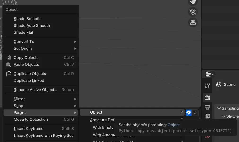 The right click menu from the 3D Viewport with the Parent menu option selected and Object selected in the sub dropdown
