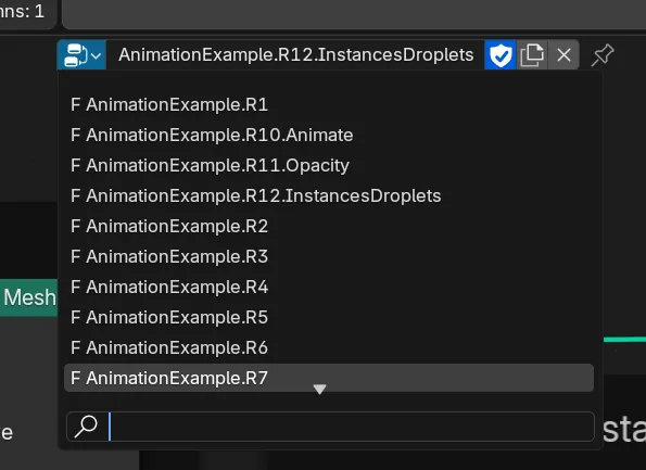 The Geometry Node selection dropdown for an object with a list of animation examples