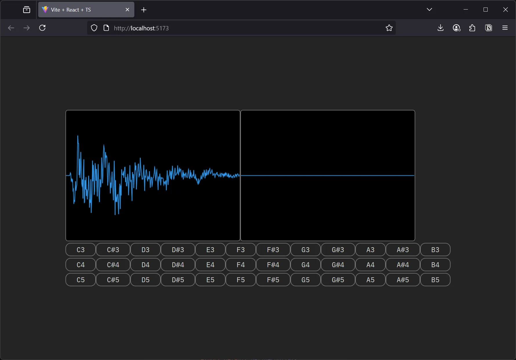 A web browser loading a local web app. 2 canvases are side by side horizontally, with the left showing the audio waveform in full, and the right showing a live waveform that’s currently flat. Below are buttons for each piano key from the 3rd to 5th octave.