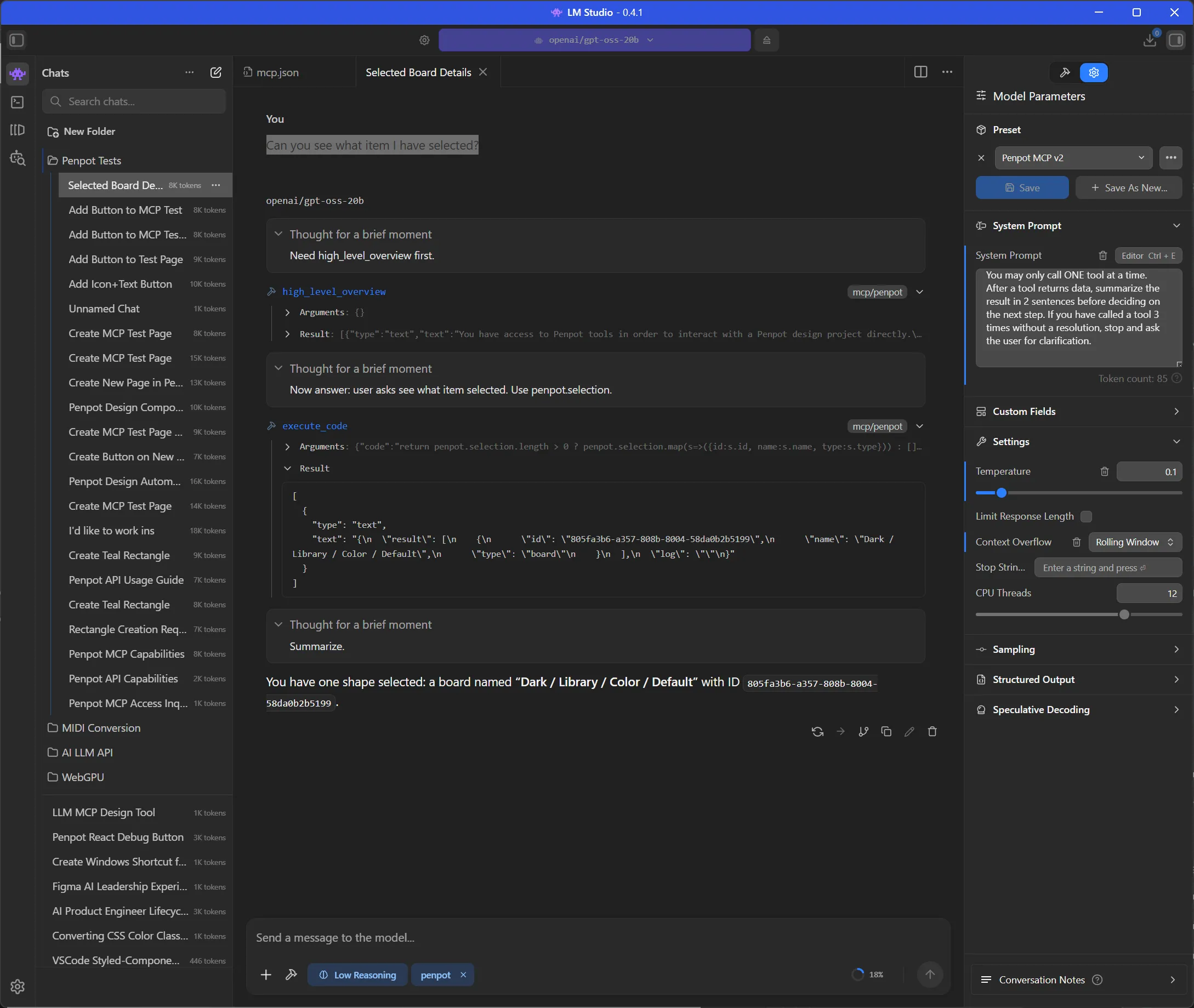 Screenshot of LM Studio chat with my question, a few tool requests expanded to see the code that’s executed, and the final response with a component ID.