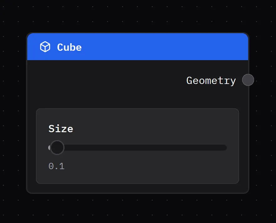 The Cube node in the web app with a new slider inside labeled Size