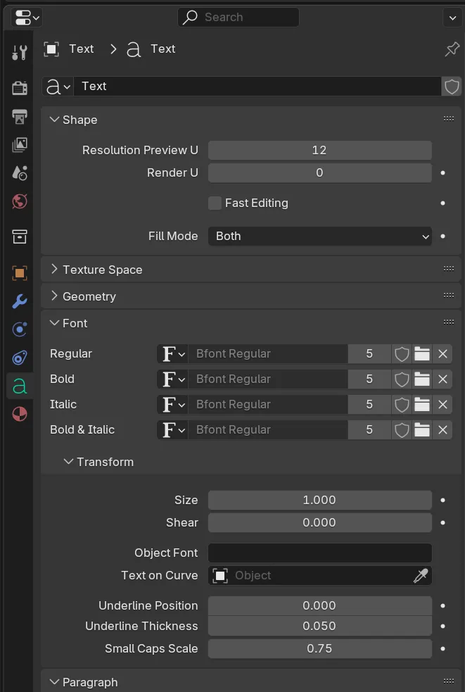 The Text properties panel