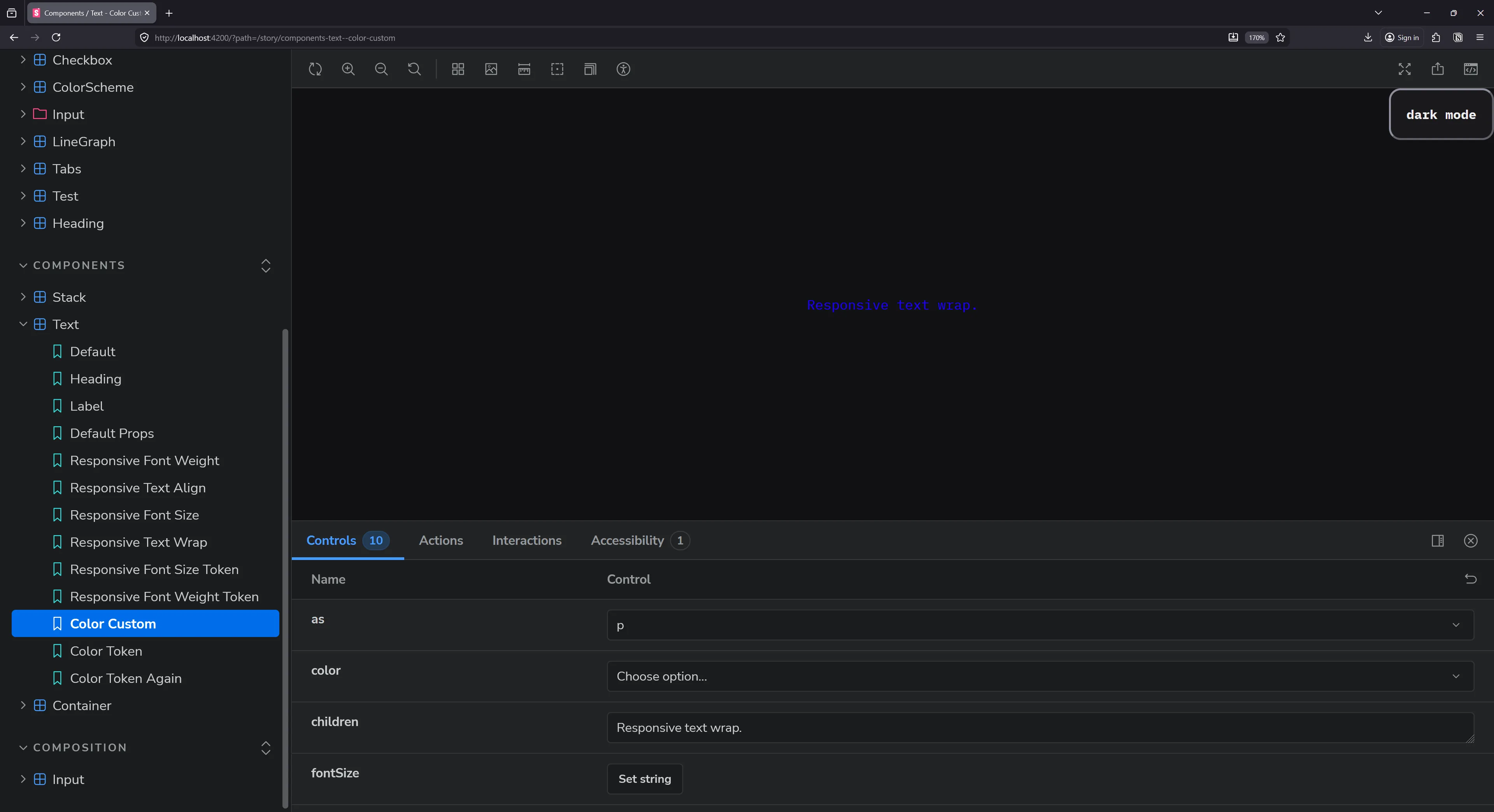Storybook with a Text component’s story. A paragraph element is rendered with blue text.