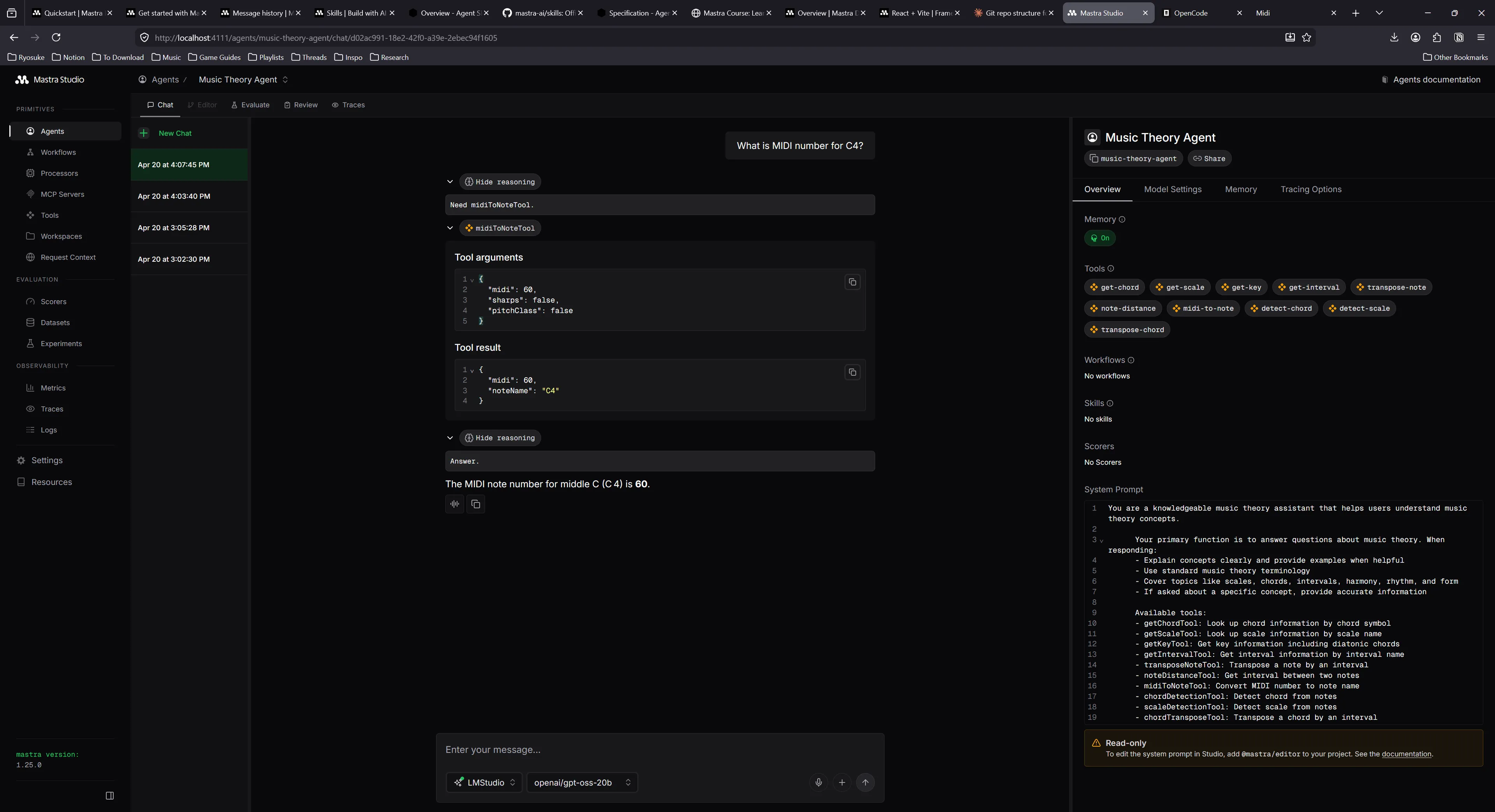 Music theory agent chat in Mastra Studio with the MIDI tool used