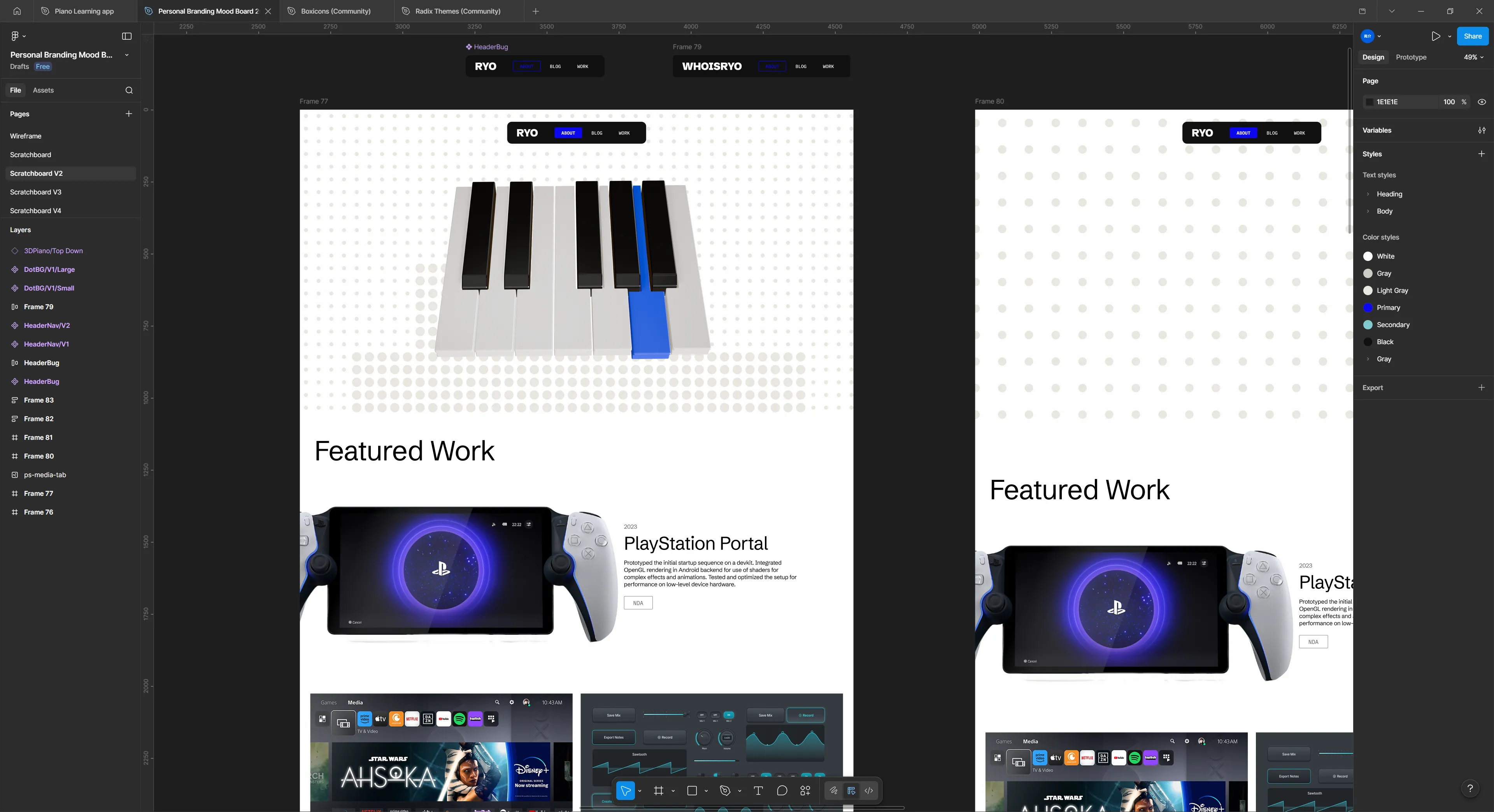 Figma open with an early mockup of the site with a similar navbar on top, a 3D piano underneath, and featured work.