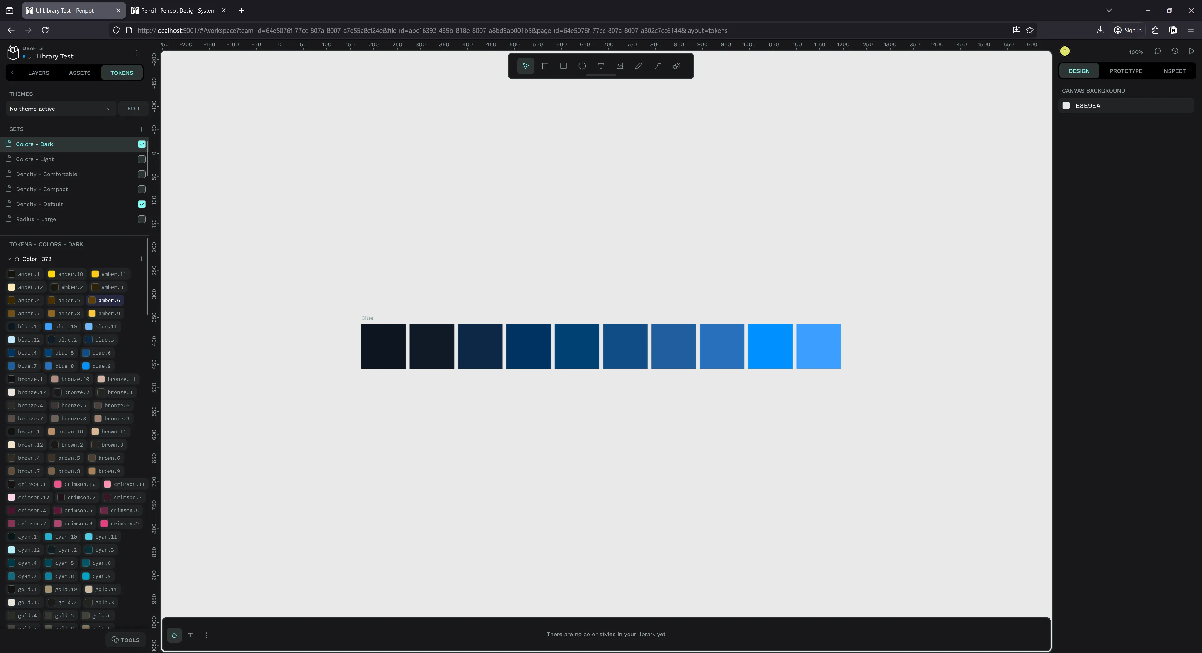 The tokens tab selected with a list of color tokens