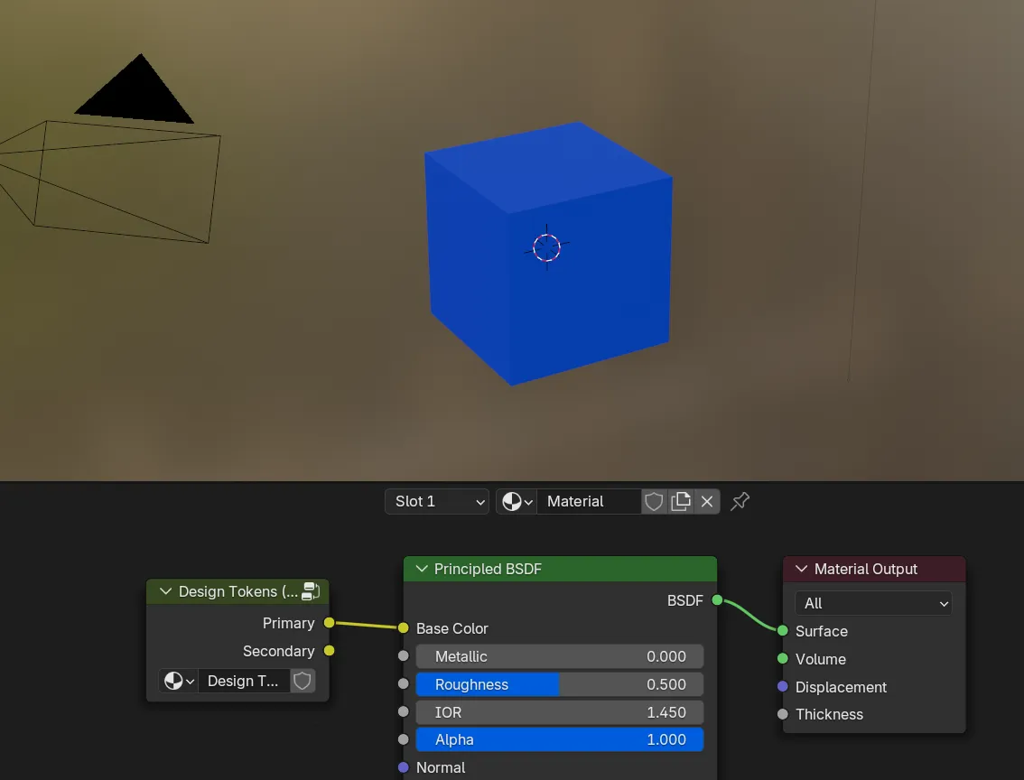 Blender with the material graph open and a Design Tokens node connected to the Base Color of the Principled BSDF node.