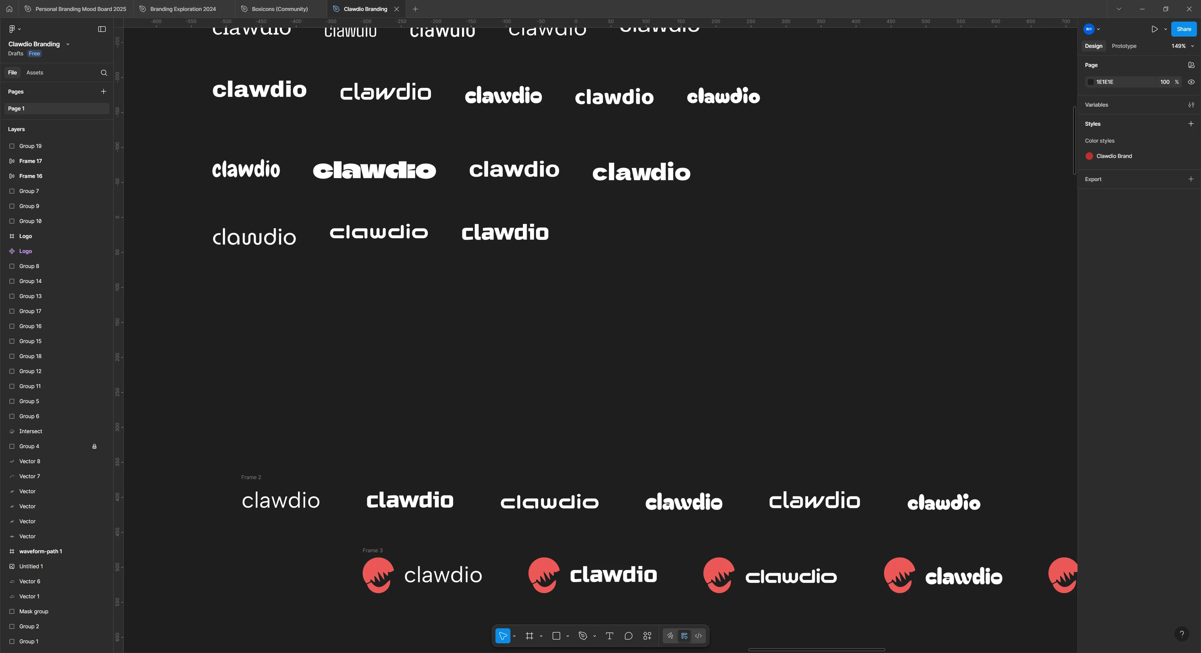 Figma with various text layers spread across canvas in a grid with the word clawdio in different fonts.