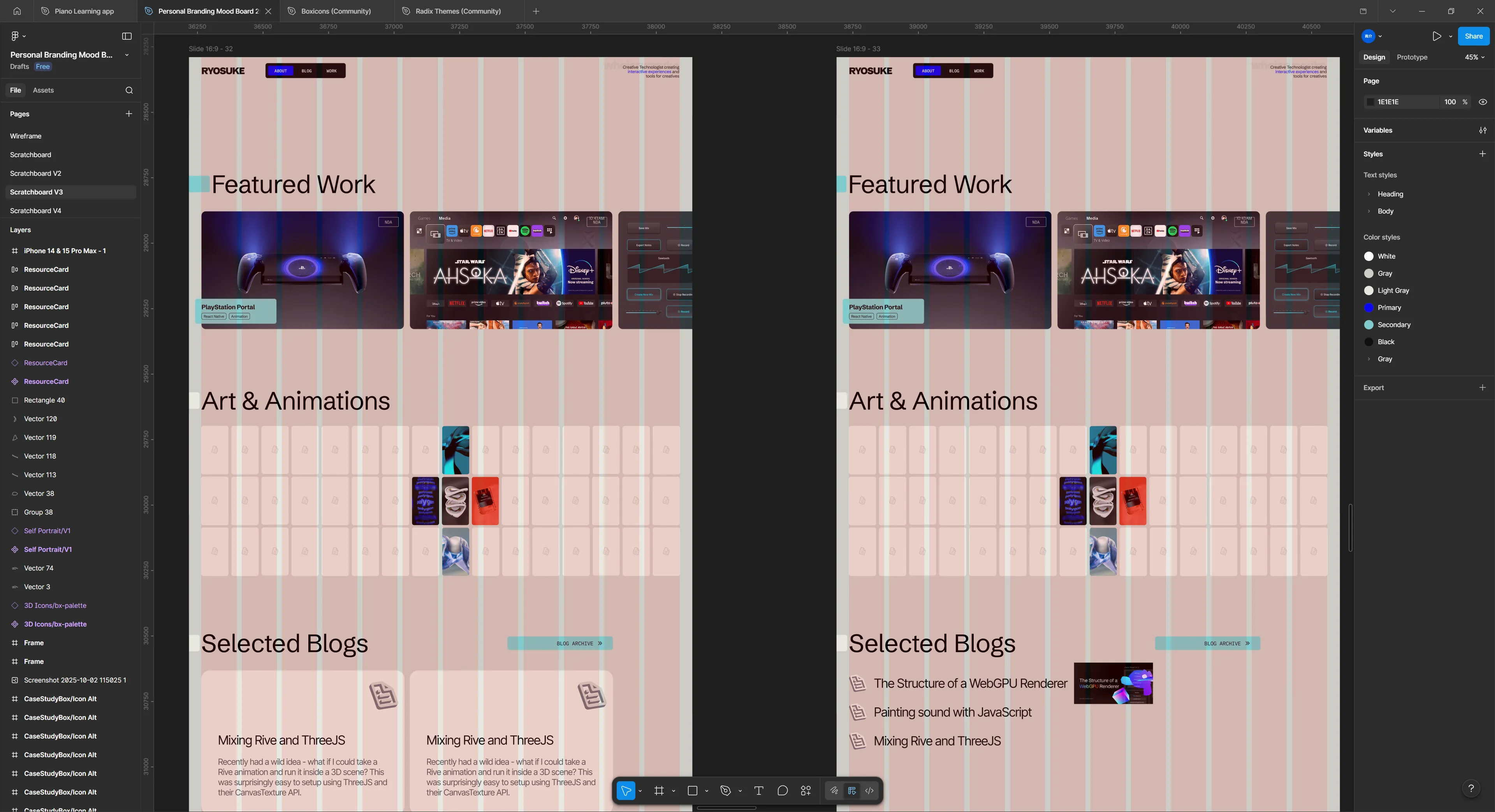 Later mockup of the site with 3 distinct sections: featured work with a horizontal slider of image cards, a grid of art and animations that flips in a plus sign pattern, and a list of selected blogs.