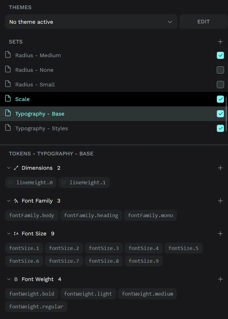 The themes section of the tokens tab with a Typography - Base theme selected and various font related tokens listed below