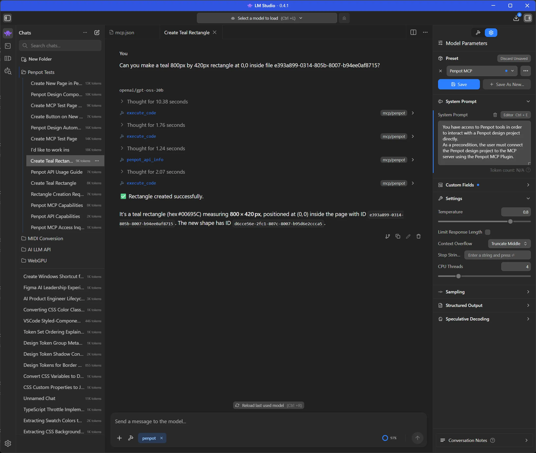 Screenshot of LM Studio with a chat window. I request a rectangle, there’s a few tool requests, then a response from LLM saying the rectangle was created successfully.