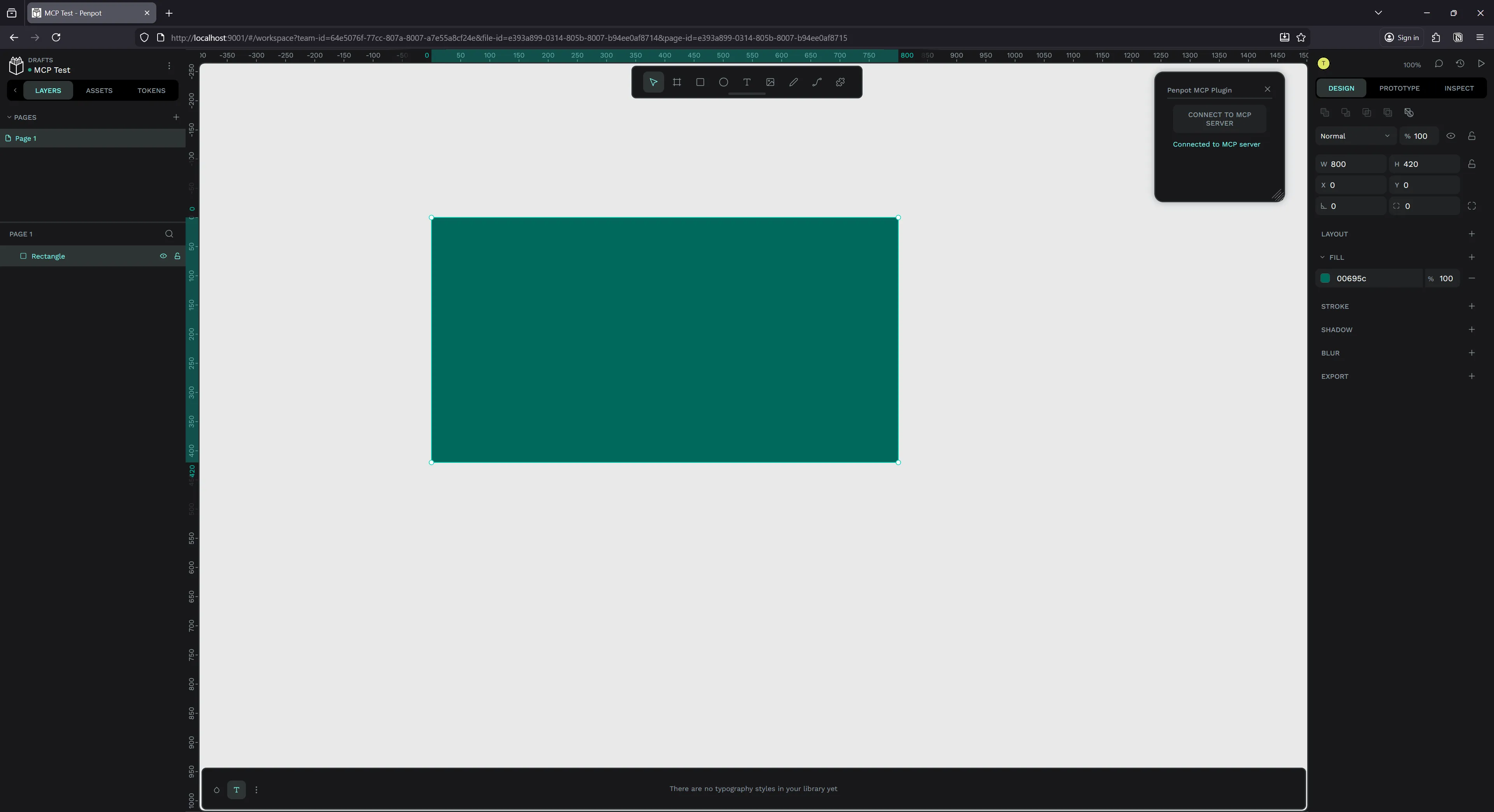 Screenshot of Penpot with a teal rectangle at the proper coordinates on the page