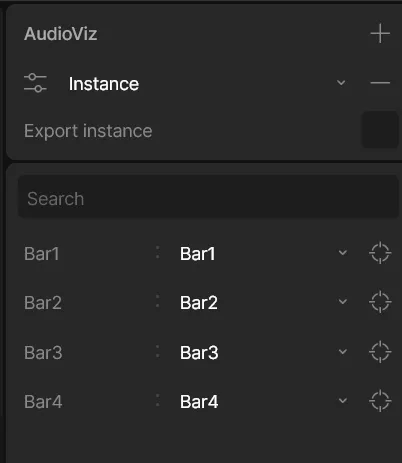 The sidebar with the AudioViz view model selected, with a list of properties. Each property is a view model and is connected to an instance.