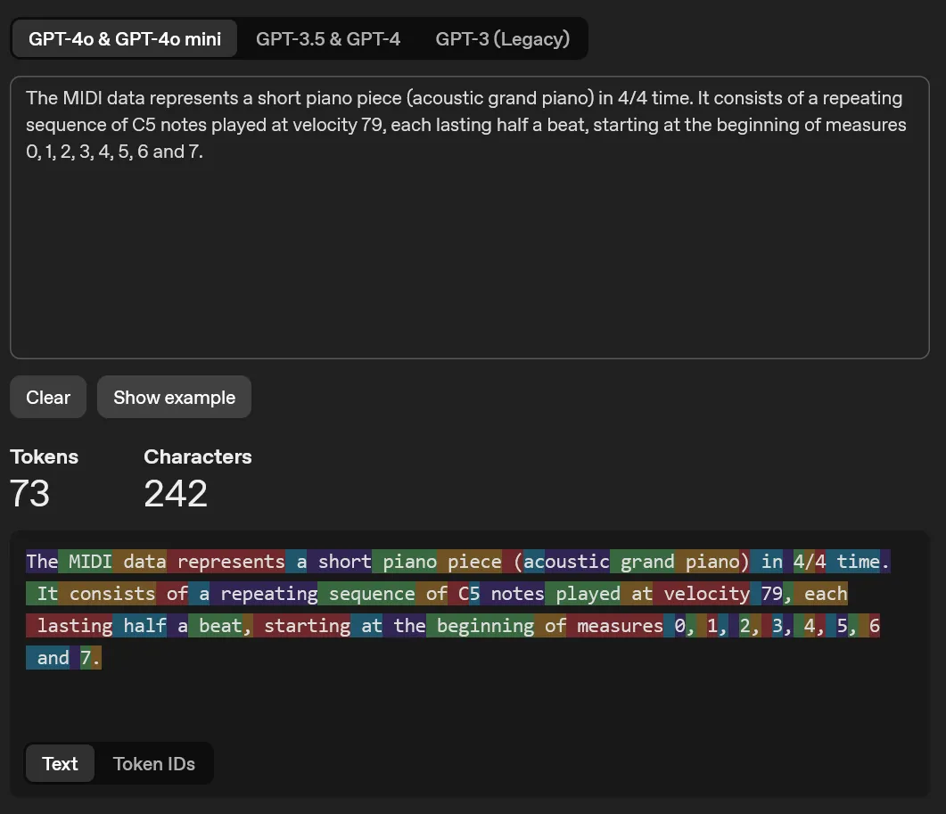 Similar to above with the token counter, but this one has the MIDI summarization, and a much lower token count of 73. 