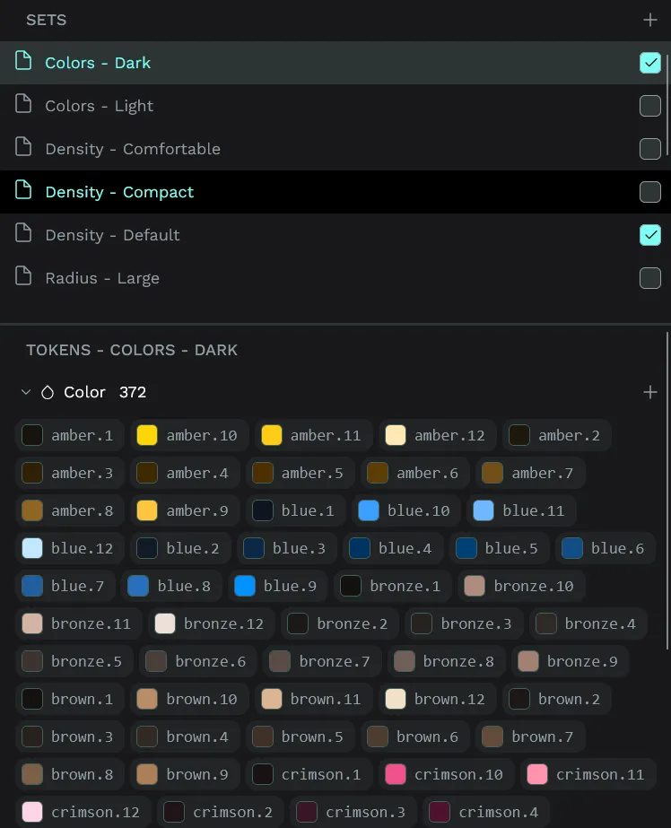Closeup of the Colors - Dark theme and the list of different colors in shaded ramps from 1 to 12