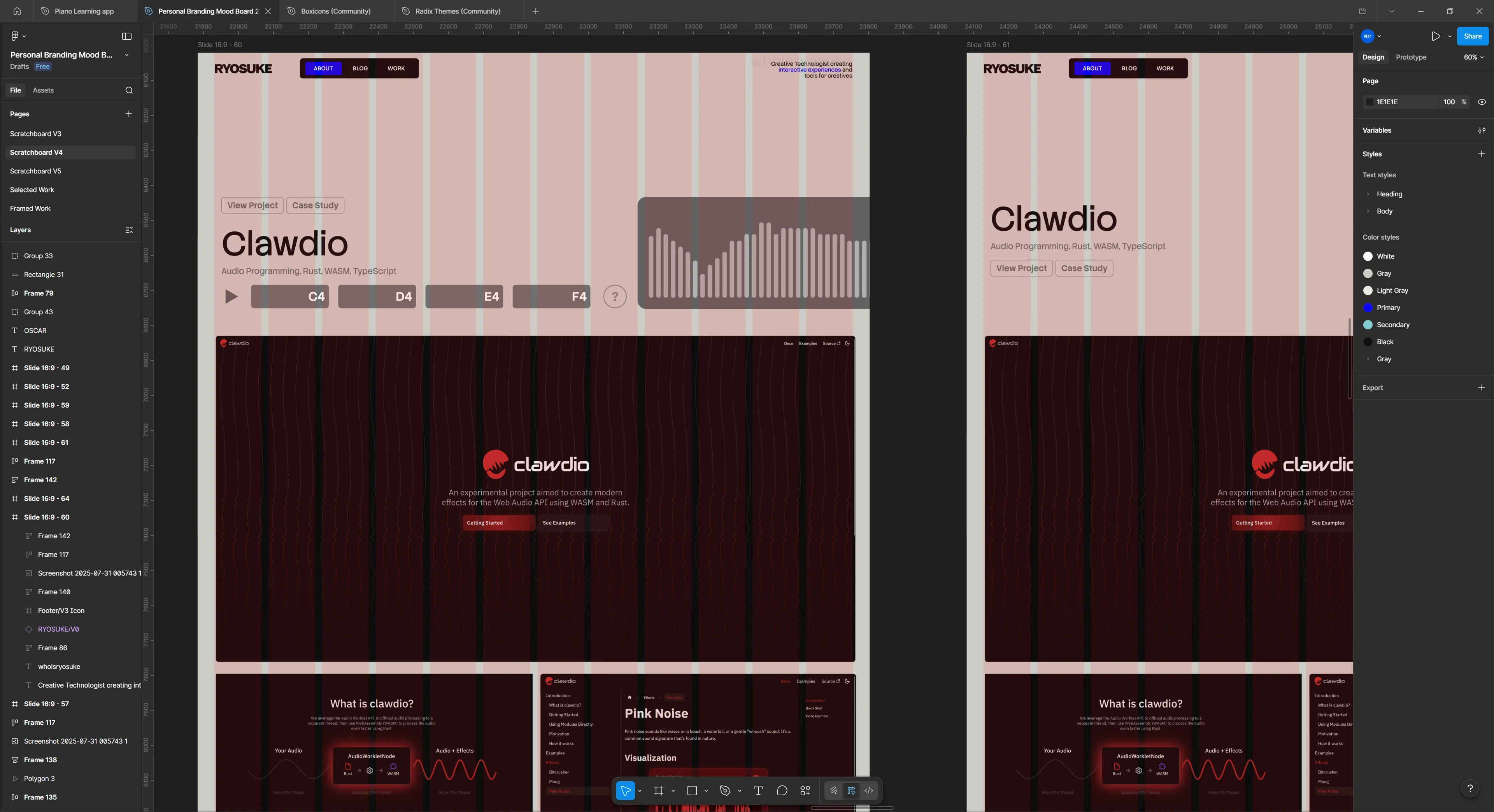 Audio focused mockup of a project page for Clawdio. Underneath the title is a play button and horizontal list of notes, and a waveform alongside those. Below is a grid of preview images of the project.