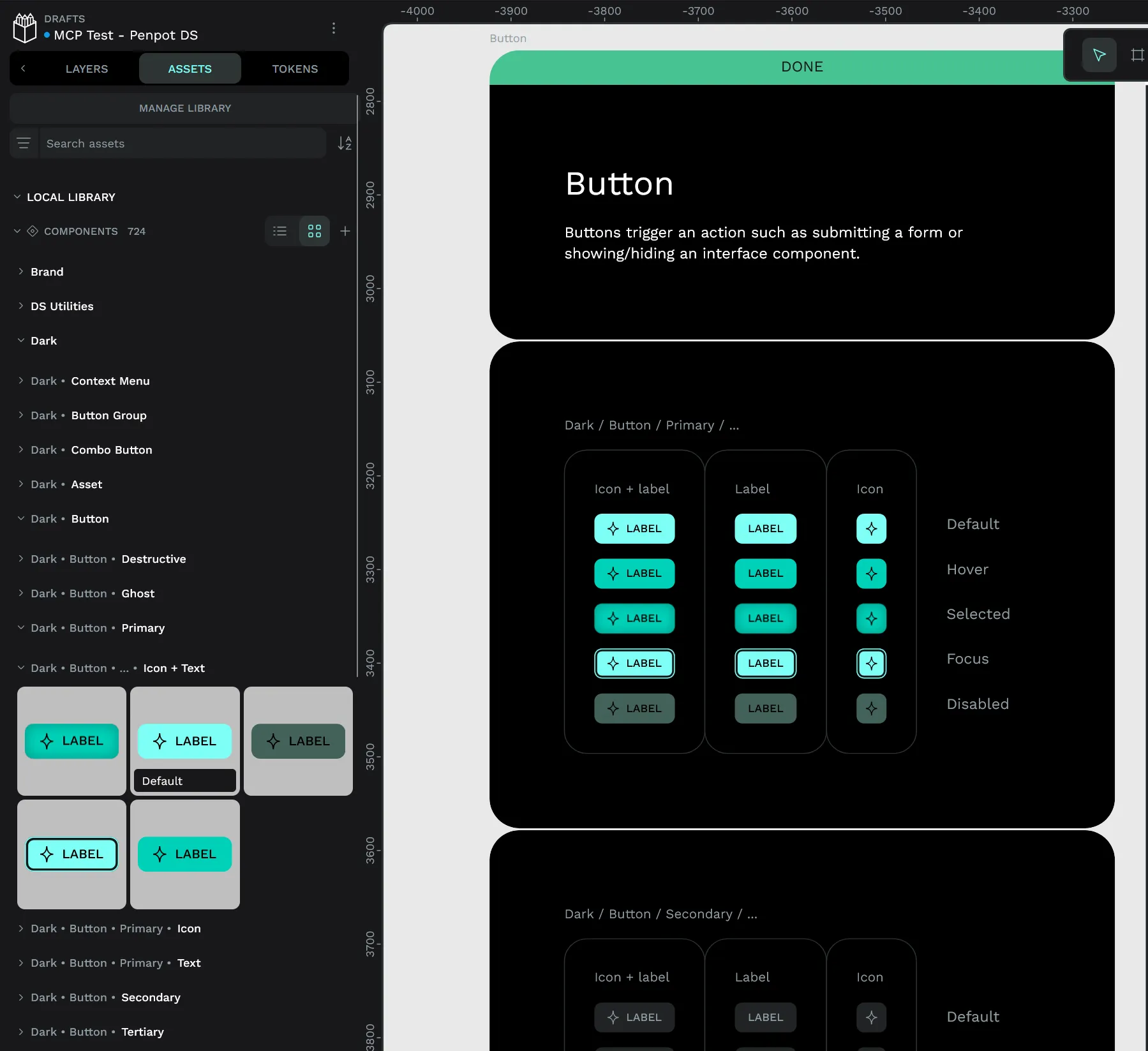Screenshot of the Penpot UI library file with the Assets tab in the left sidebar selected, and the Icon + Text component accordion expanded to reveal previews of different buttons.