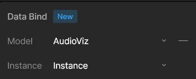 The Data Bind panel in the sidebar with the AudioViz model selected and a default Instance.