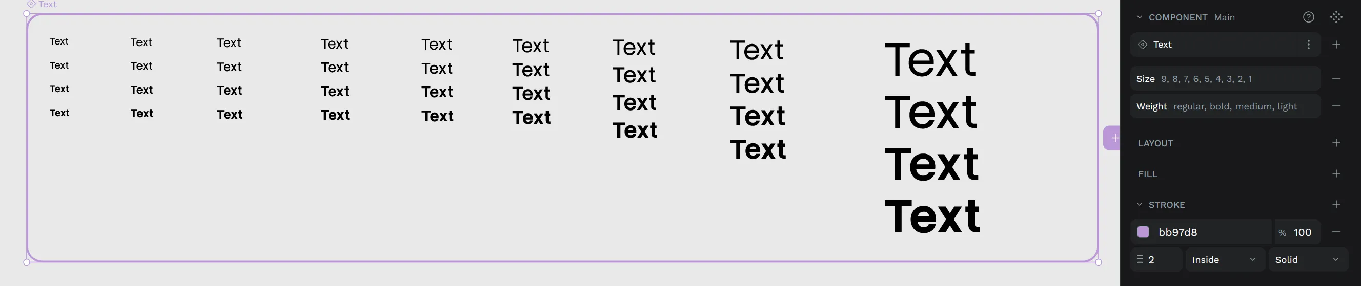 Text components on a canvas grouped into a variant