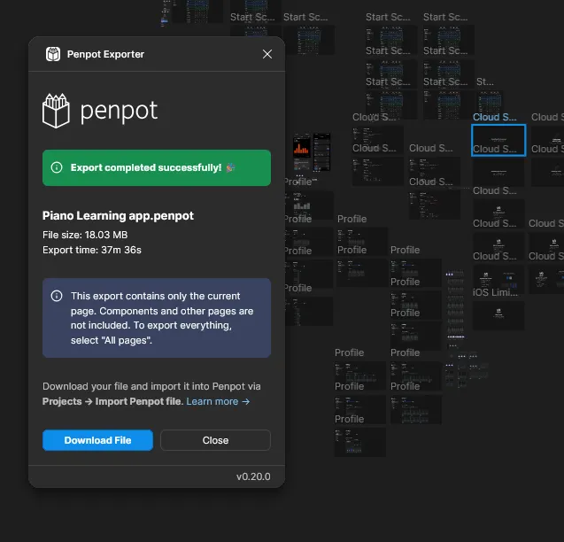 The Figma to Penpot plugin on the final success screen showing the export file size and time