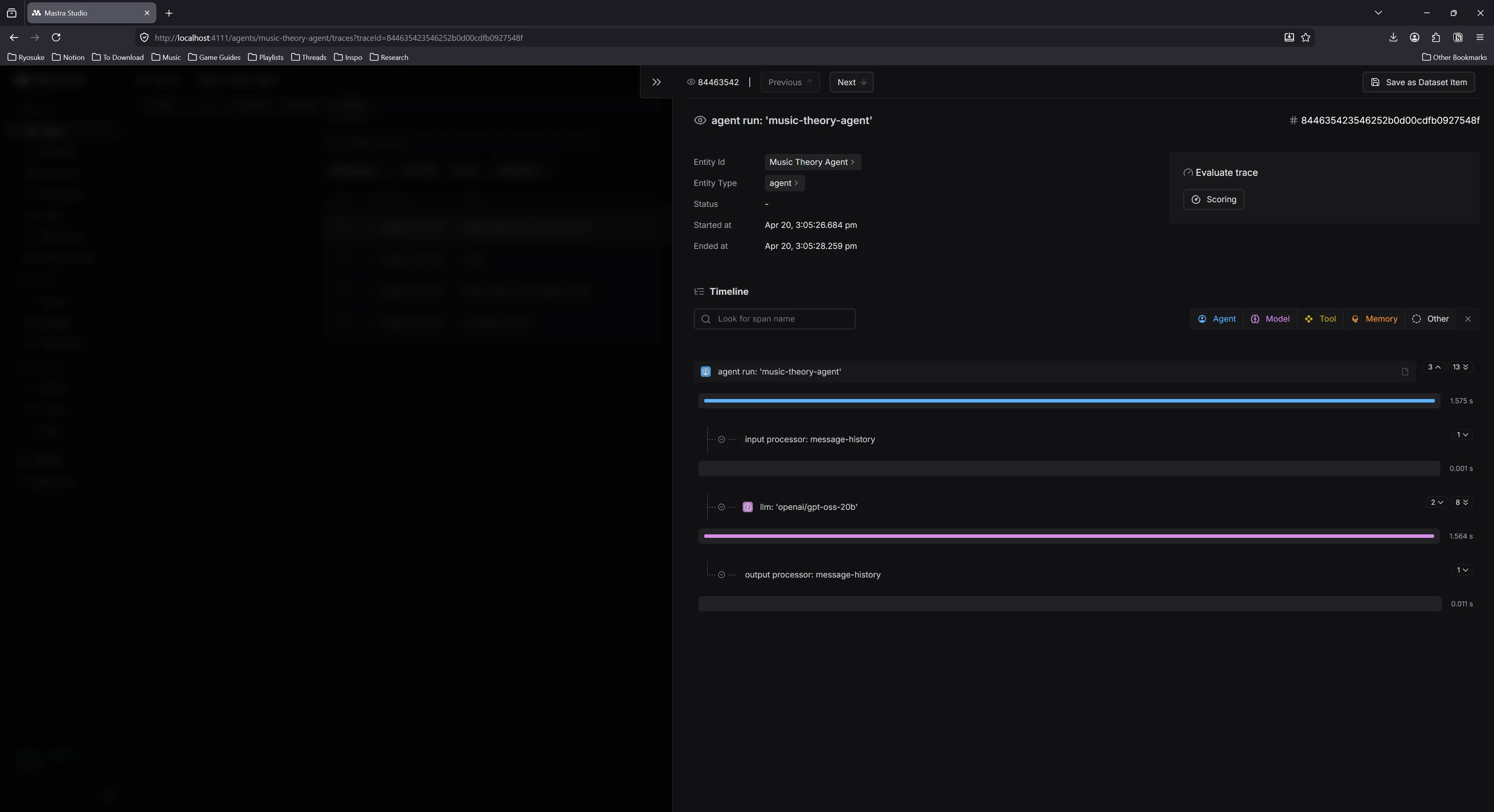 Local tracing for an agent. Has timing for when request was made, and a list of parts of the request - like the agent vs any tools.