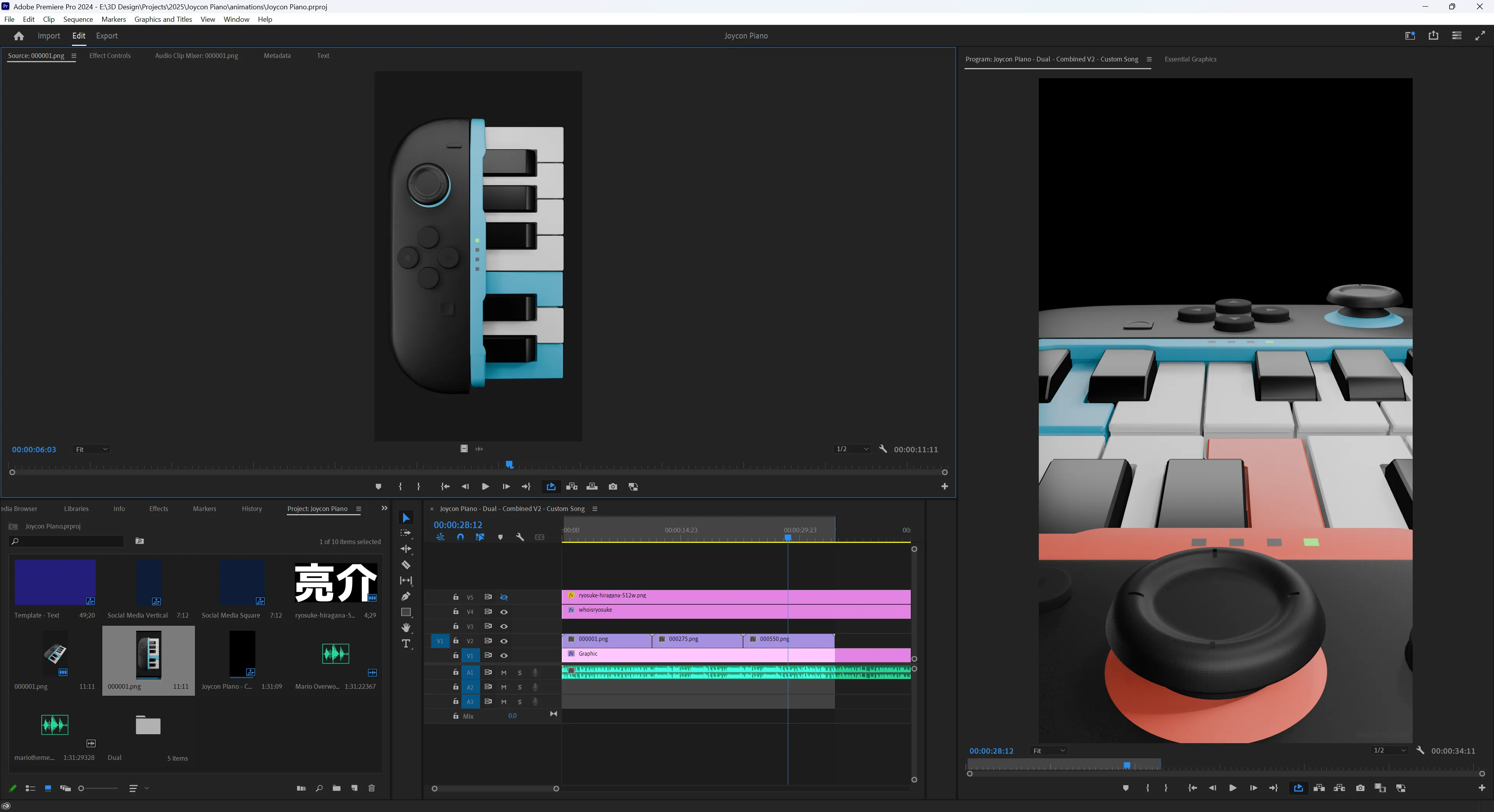 Adobe Premiere Pro with my Joycon 2 Piano animation project.