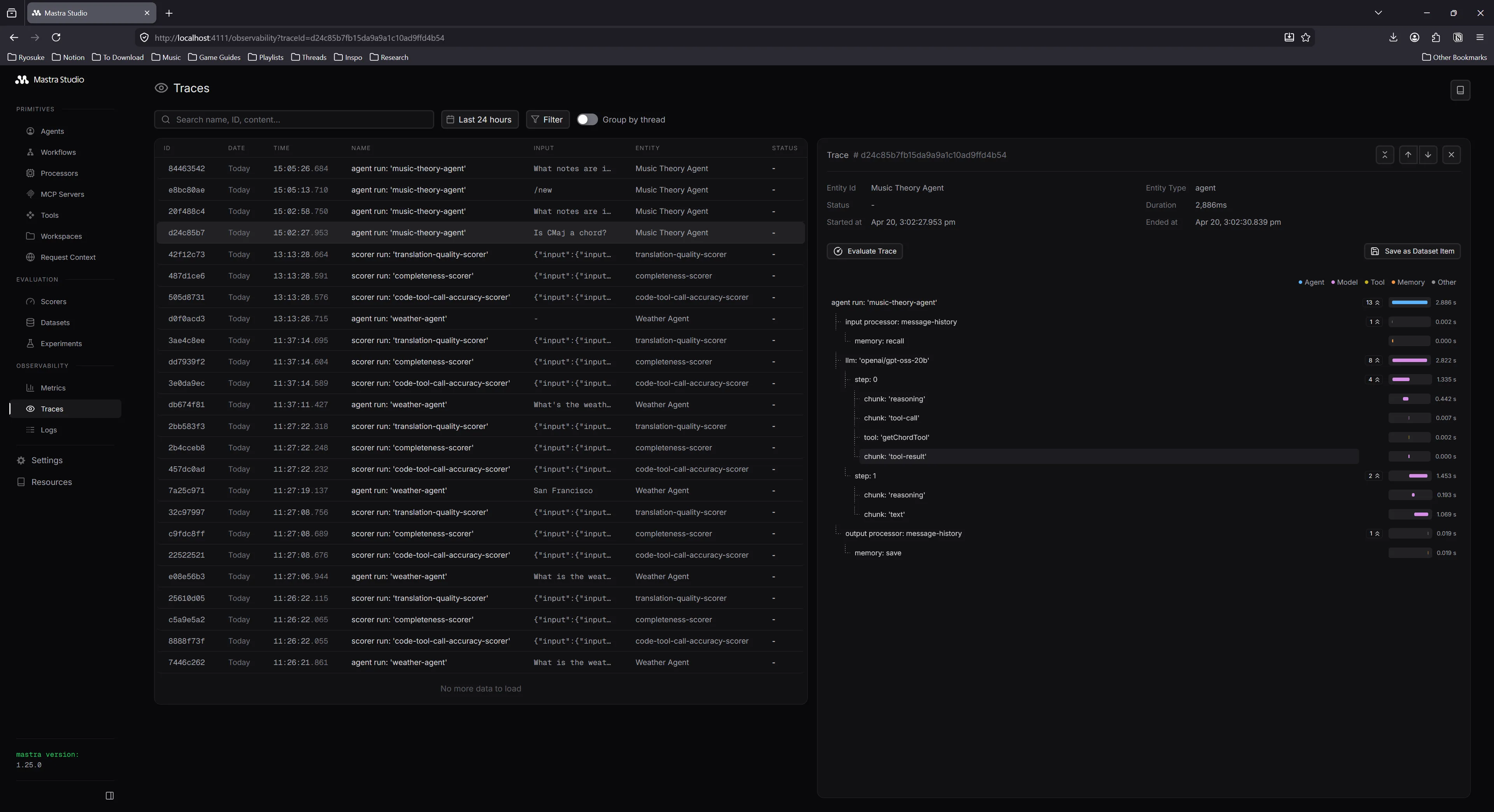 The Traces tab with a single trace selected from a LLM request. A waterfall of time duration is listed of function calls from the request call stack.