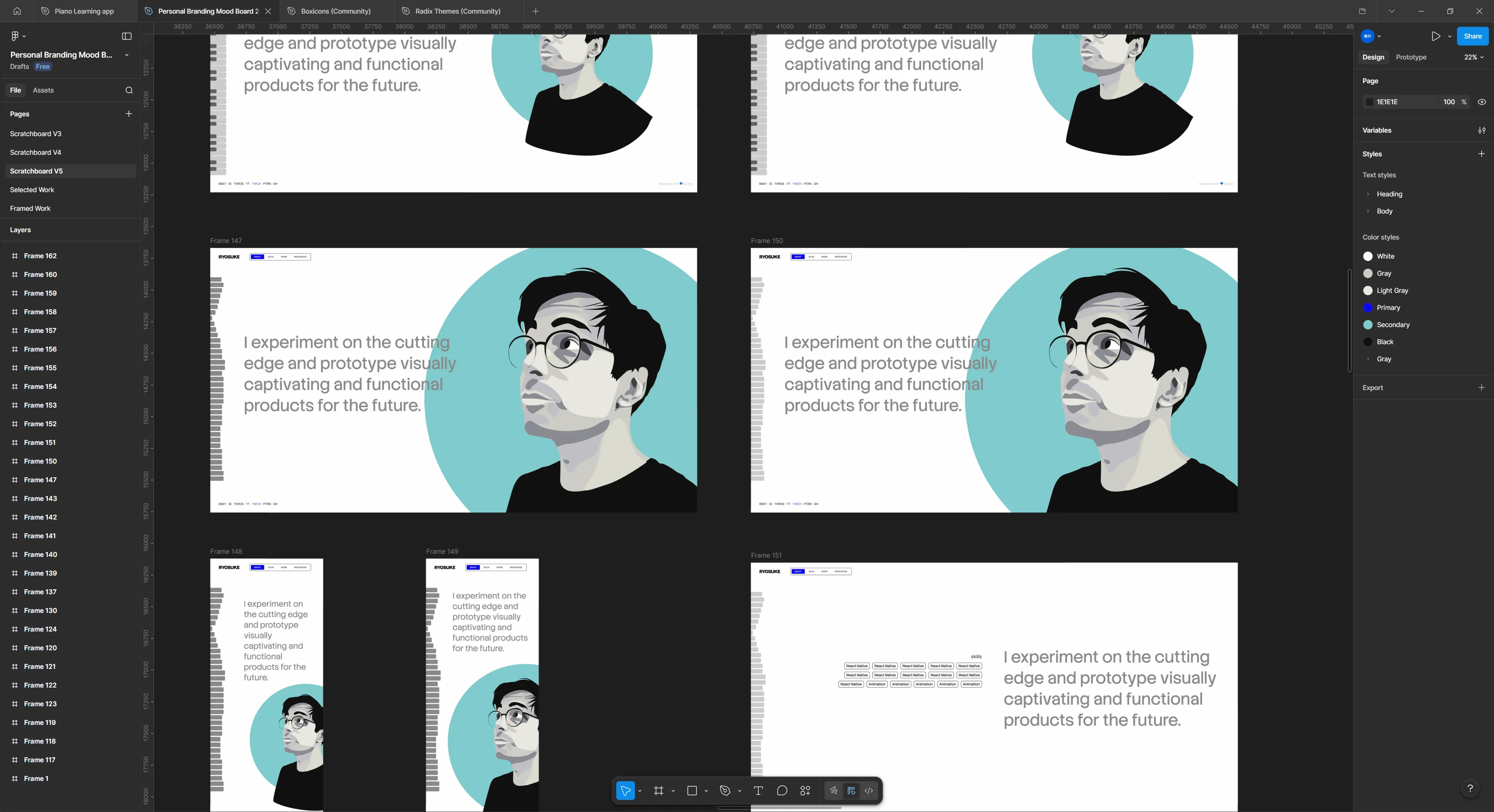 Several mockups of the about page with a large quote and even larger vector self portrait to the right. A waveform peeks into page on left side.